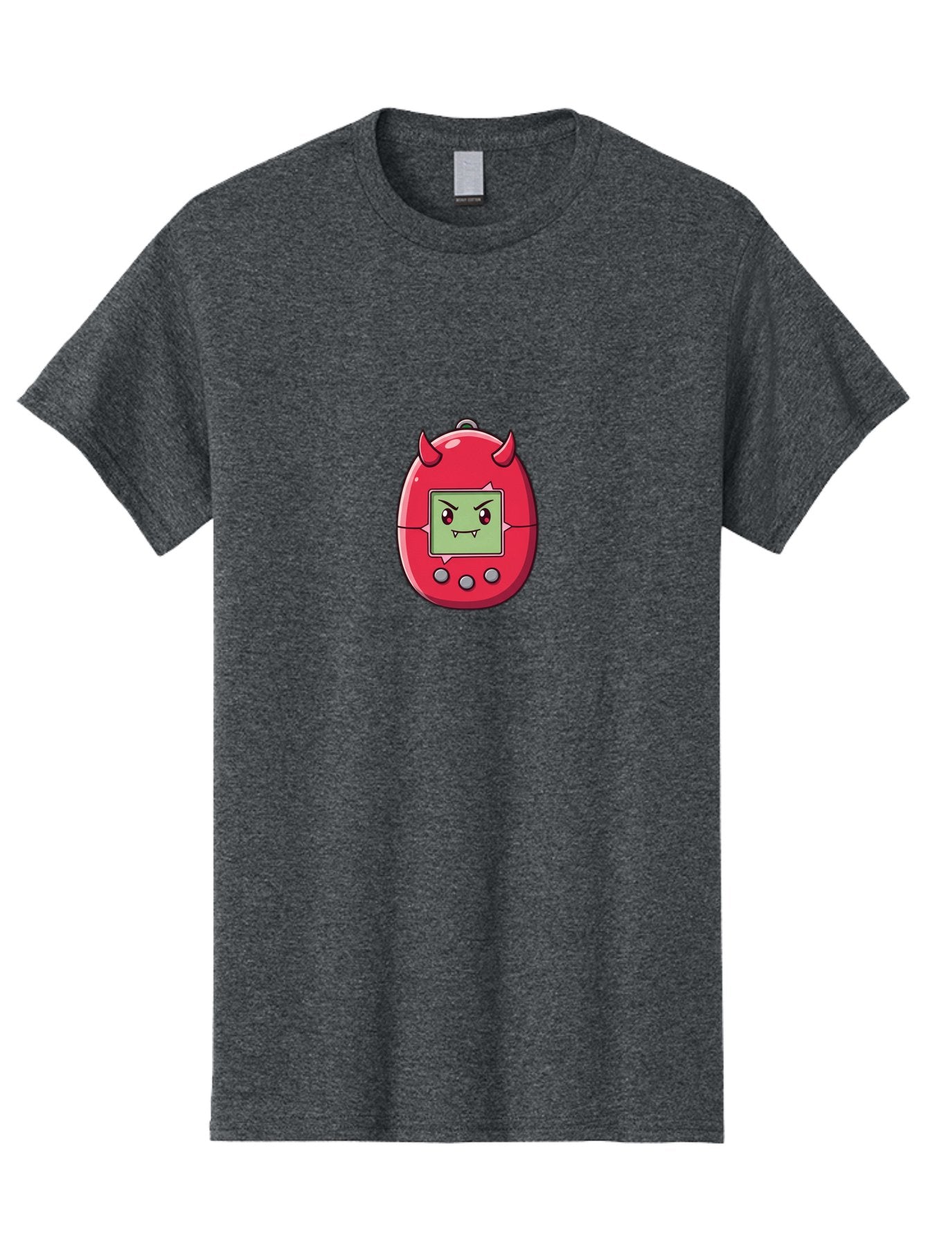 Digital-Monster Men'S Graphic Tee, 100% Cotton, Comfortable Casual Summer Wear, Machine Washable, Retro Digital Pet, Tamagotchi Toy, Cartoon Character, Devil Horns, Angry Face, Red And Green Colors, Nostalgic Gaming, Childhood Memories, Baa450