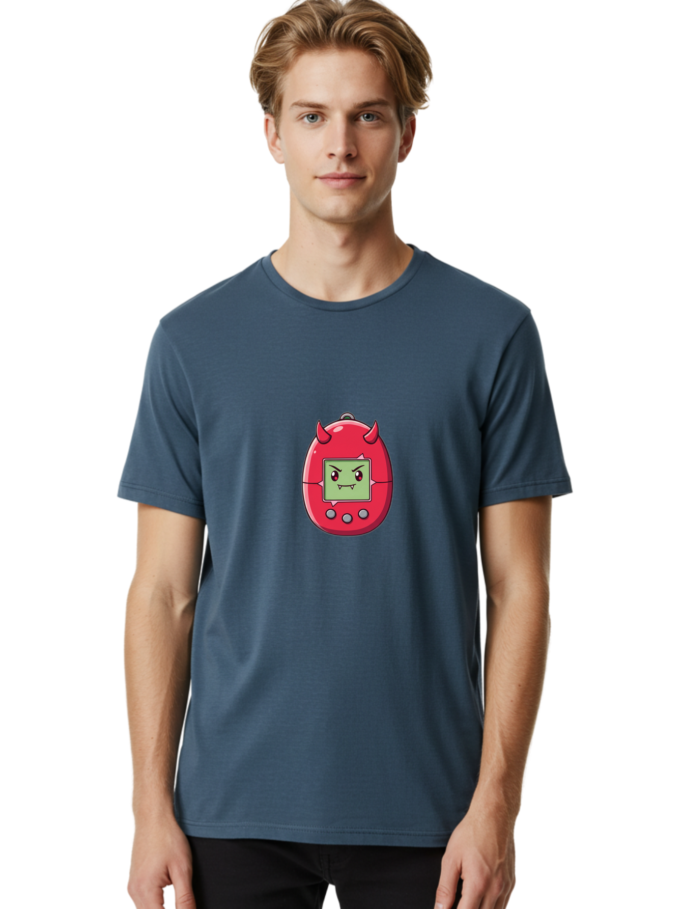 Digital-Monster Men'S Graphic Tee, 100% Cotton, Comfortable Casual Summer Wear, Machine Washable, Retro Digital Pet, Tamagotchi Toy, Cartoon Character, Devil Horns, Angry Face, Red And Green Colors, Nostalgic Gaming, Childhood Memories, Baa450 10