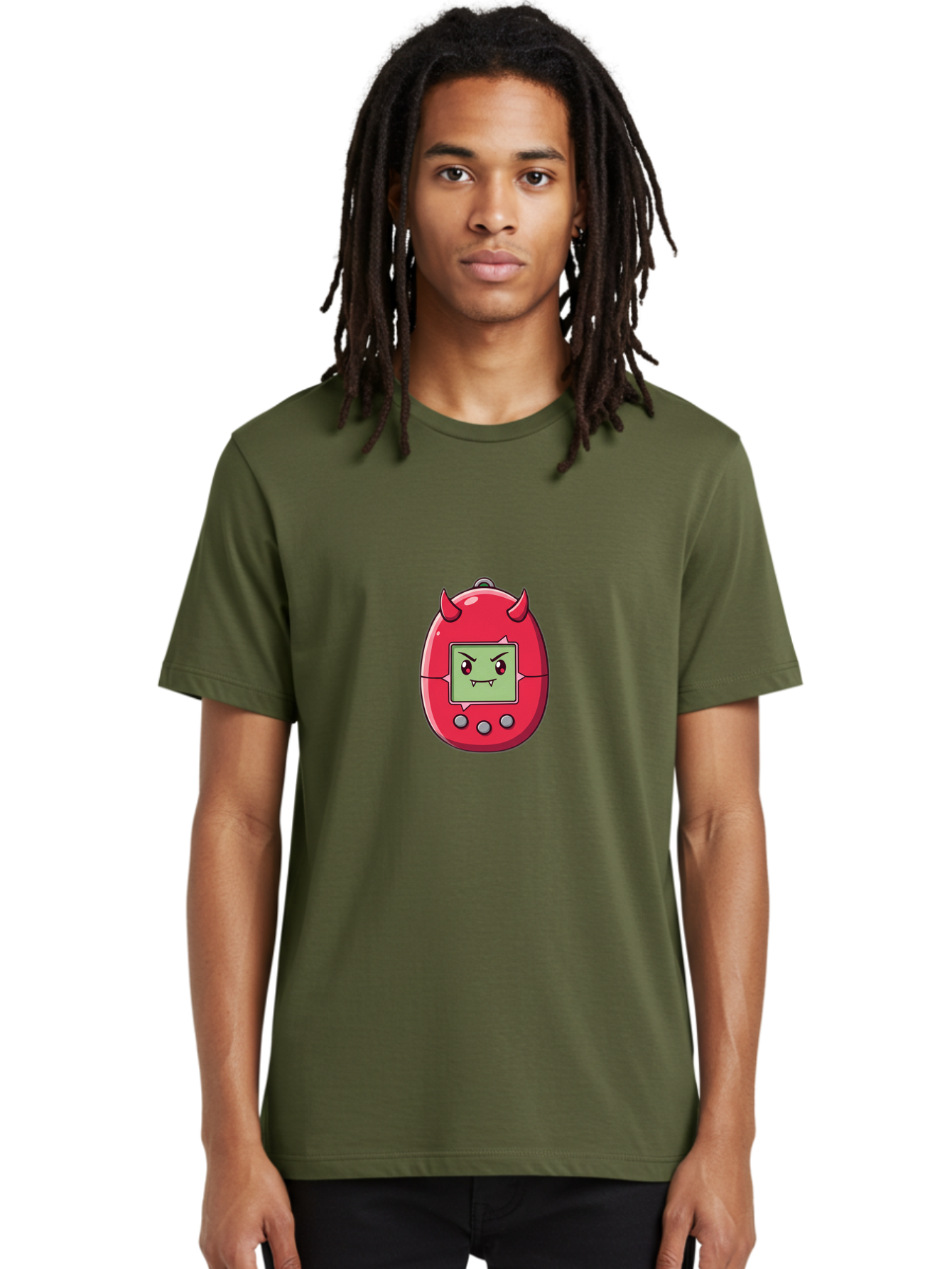 Digital-Monster Men'S Graphic Tee, 100% Cotton, Comfortable Casual Summer Wear, Machine Washable, Retro Digital Pet, Tamagotchi Toy, Cartoon Character, Devil Horns, Angry Face, Red And Green Colors, Nostalgic Gaming, Childhood Memories, Baa450