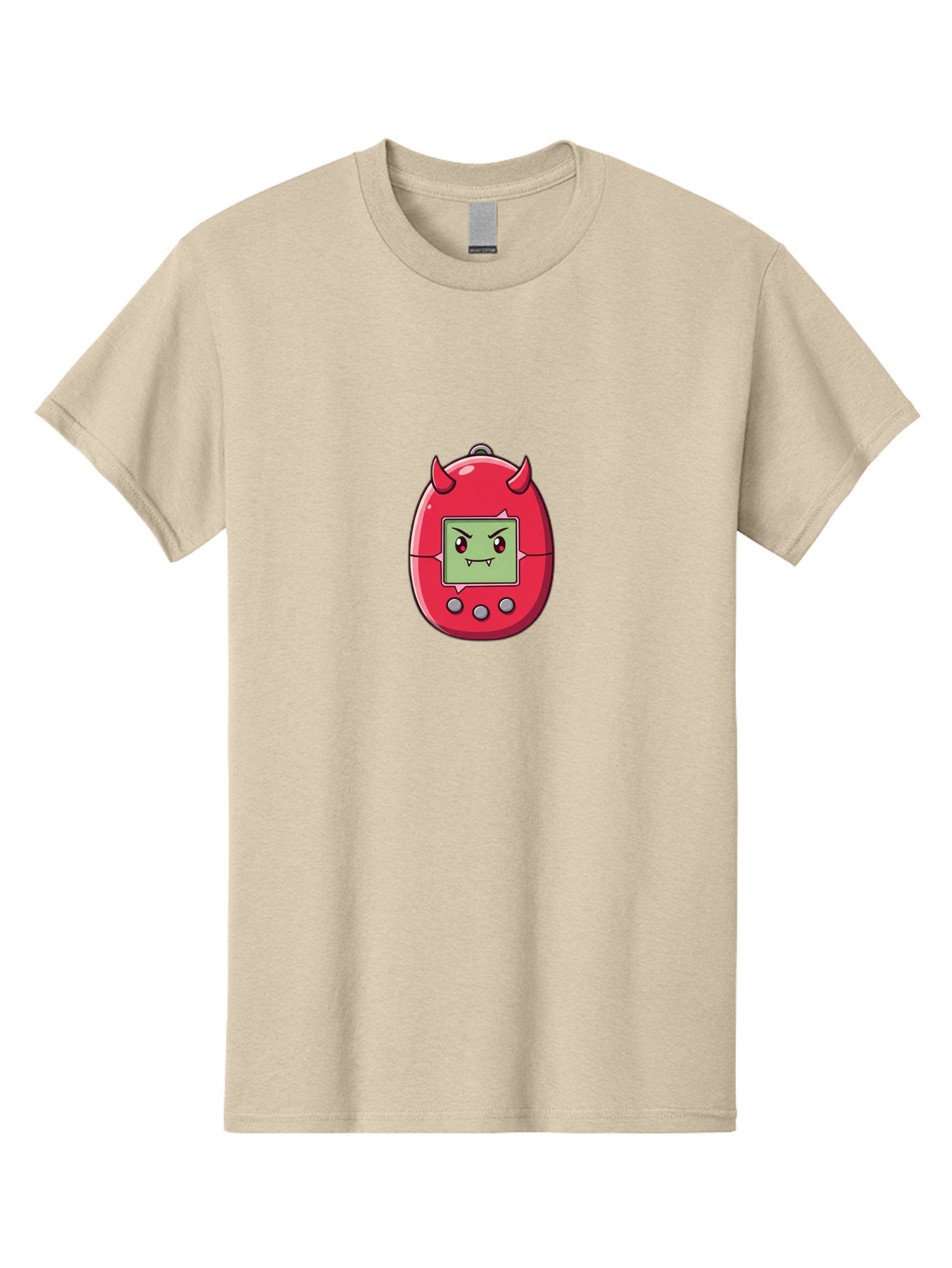 Digital-Monster Men'S Graphic Tee, 100% Cotton, Comfortable Casual Summer Wear, Machine Washable, Retro Digital Pet, Tamagotchi Toy, Cartoon Character, Devil Horns, Angry Face, Red And Green Colors, Nostalgic Gaming, Childhood Memories, Baa450 3