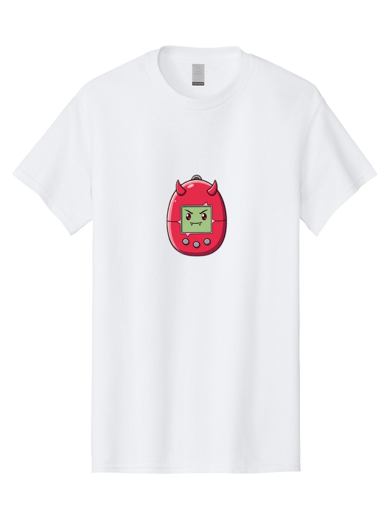 Digital-Monster Men'S Graphic Tee, 100% Cotton, Comfortable Casual Summer Wear, Machine Washable, Retro Digital Pet, Tamagotchi Toy, Cartoon Character, Devil Horns, Angry Face, Red And Green Colors, Nostalgic Gaming, Childhood Memories, Baa450 4