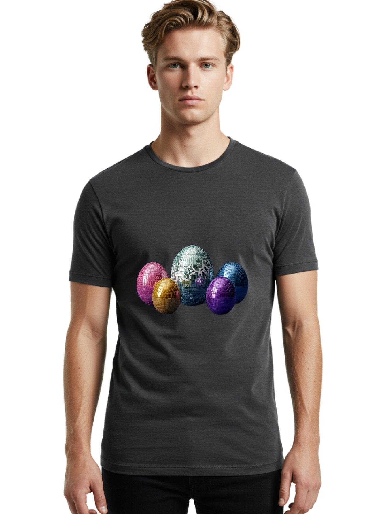 Disco-Eggs Men'S Graphic Tee, 100% Cotton, Comfortable Casual Summer Wear, Machine Washable, Disco Eggs, Mirrored Eggs, Colorful Eggs, Easter Eggs, Shiny Eggs, Festive Decoration, Party Accessories, Reflective Surfaces, Vibrant Colors, Baa452 21