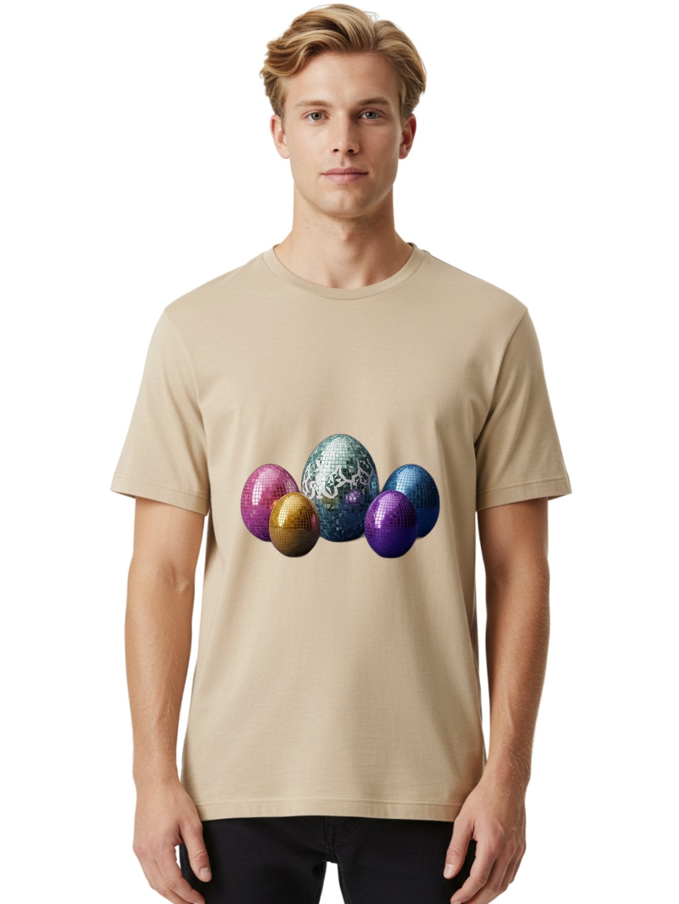 Disco-Eggs Men'S Graphic Tee, 100% Cotton, Comfortable Casual Summer Wear, Machine Washable, Disco Eggs, Mirrored Eggs, Colorful Eggs, Easter Eggs, Shiny Eggs, Festive Decoration, Party Accessories, Reflective Surfaces, Vibrant Colors, Baa452 24