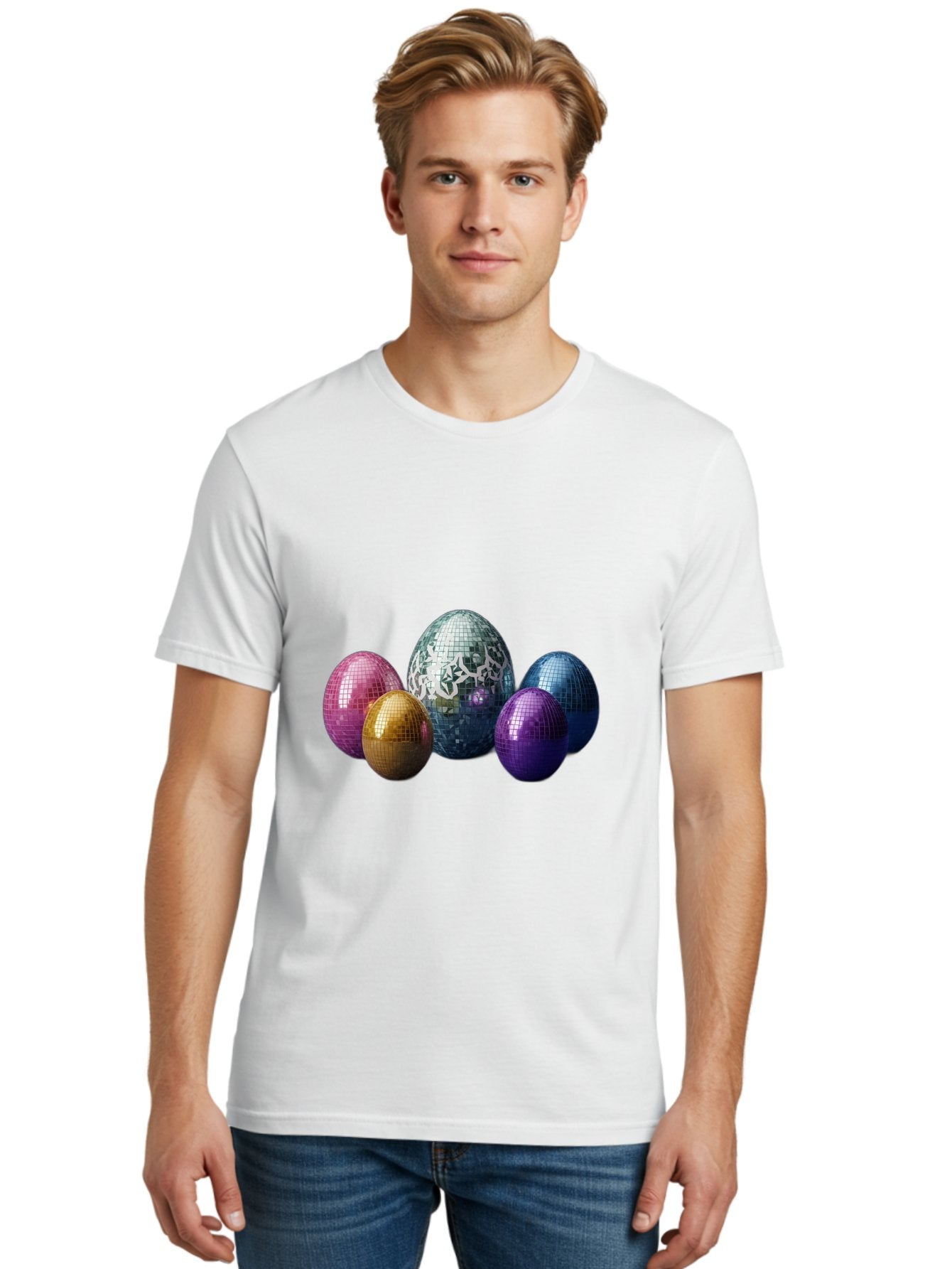 Disco-Eggs Men'S Graphic Tee, 100% Cotton, Comfortable Casual Summer Wear, Machine Washable, Disco Eggs, Mirrored Eggs, Colorful Eggs, Easter Eggs, Shiny Eggs, Festive Decoration, Party Accessories, Reflective Surfaces, Vibrant Colors, Baa452 16
