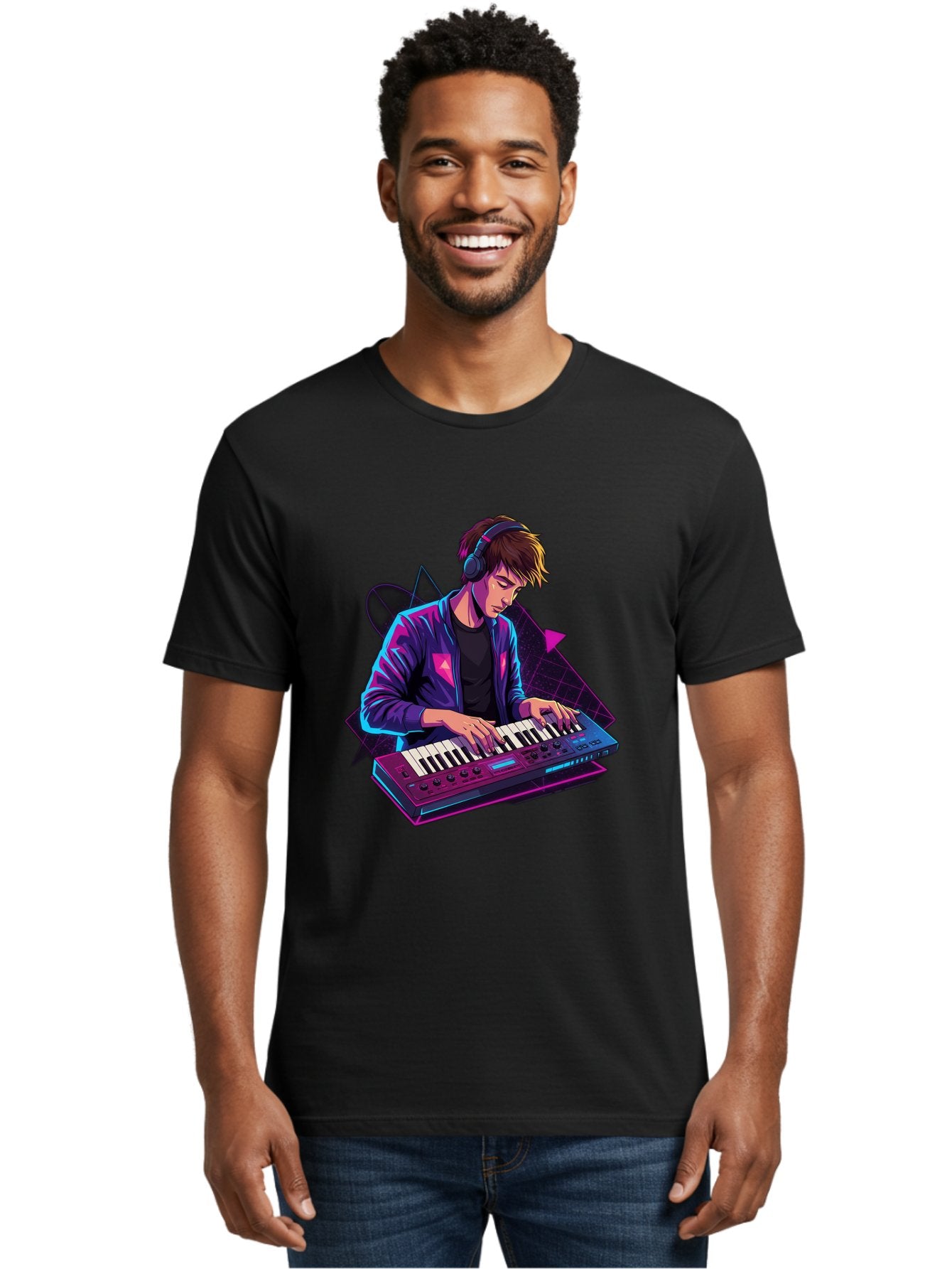Dj-Playing-Keyboard Men'S Graphic Tee, 100% Cotton, Comfortable Casual Summer Wear, Machine Washable, Music Producer, Electronic Music, Synthesizer Keyboard, Futuristic Style, Neon Lights, Dj Equipment, Sound Production, Creative Art Baa454 25