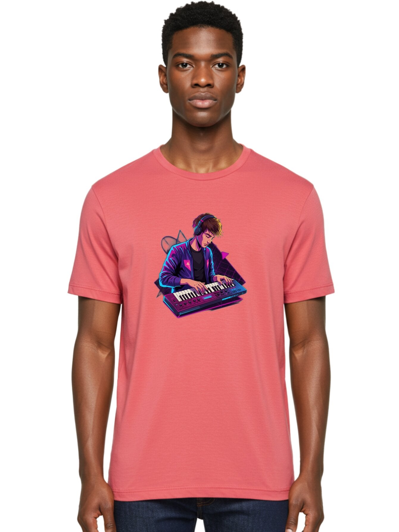 Dj-Playing-Keyboard Men'S Graphic Tee, 100% Cotton, Comfortable Casual Summer Wear, Machine Washable, Music Producer, Electronic Music, Synthesizer Keyboard, Futuristic Style, Neon Lights, Dj Equipment, Sound Production, Creative Art Baa454 30