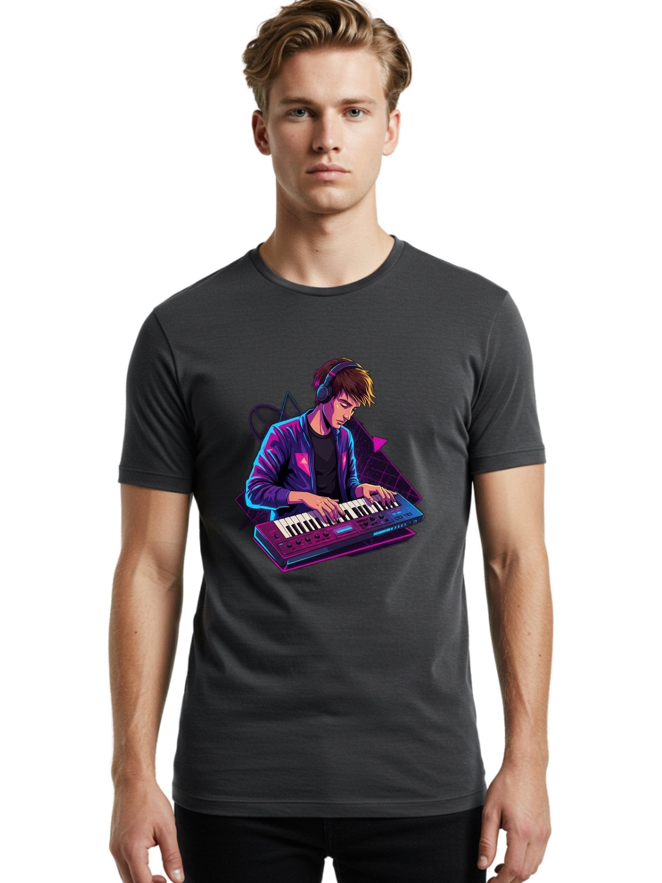 Dj-Playing-Keyboard Men'S Graphic Tee, 100% Cotton, Comfortable Casual Summer Wear, Machine Washable, Music Producer, Electronic Music, Synthesizer Keyboard, Futuristic Style, Neon Lights, Dj Equipment, Sound Production, Creative Art Baa454 28