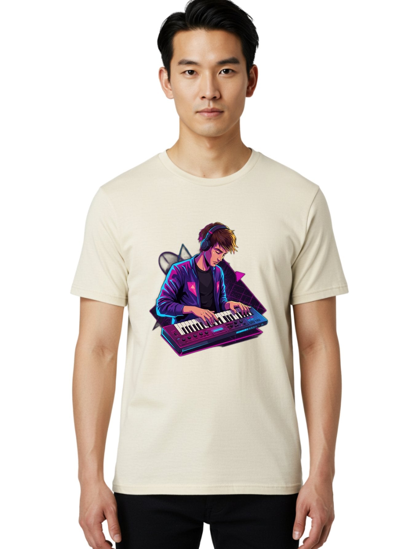 Dj-Playing-Keyboard Men'S Graphic Tee, 100% Cotton, Comfortable Casual Summer Wear, Machine Washable, Music Producer, Electronic Music, Synthesizer Keyboard, Futuristic Style, Neon Lights, Dj Equipment, Sound Production, Creative Art Baa454 17