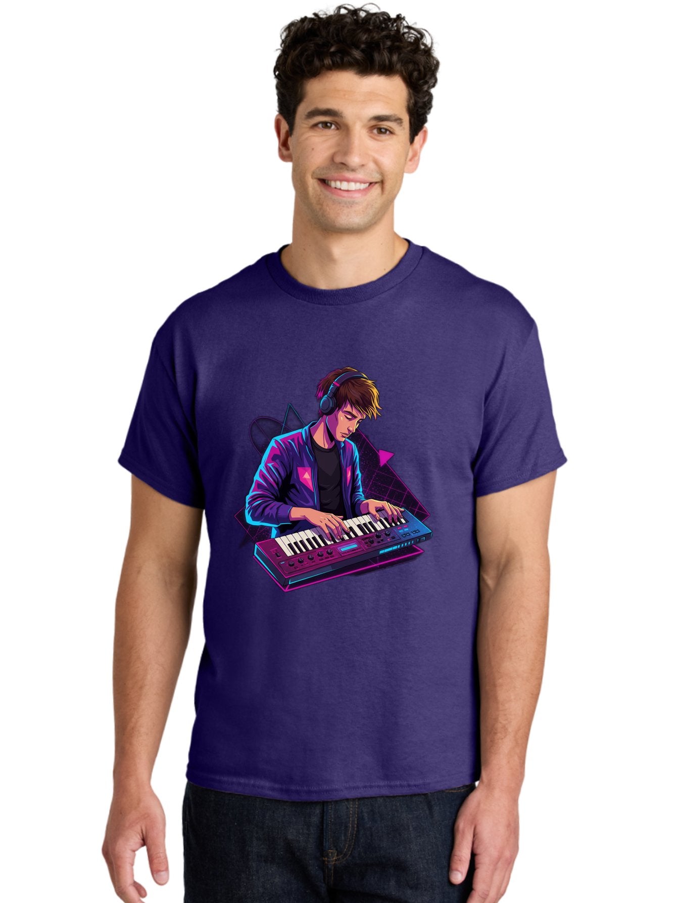 Dj-Playing-Keyboard Men'S Graphic Tee, 100% Cotton, Comfortable Casual Summer Wear, Machine Washable, Music Producer, Electronic Music, Synthesizer Keyboard, Futuristic Style, Neon Lights, Dj Equipment, Sound Production, Creative Art Baa454 19