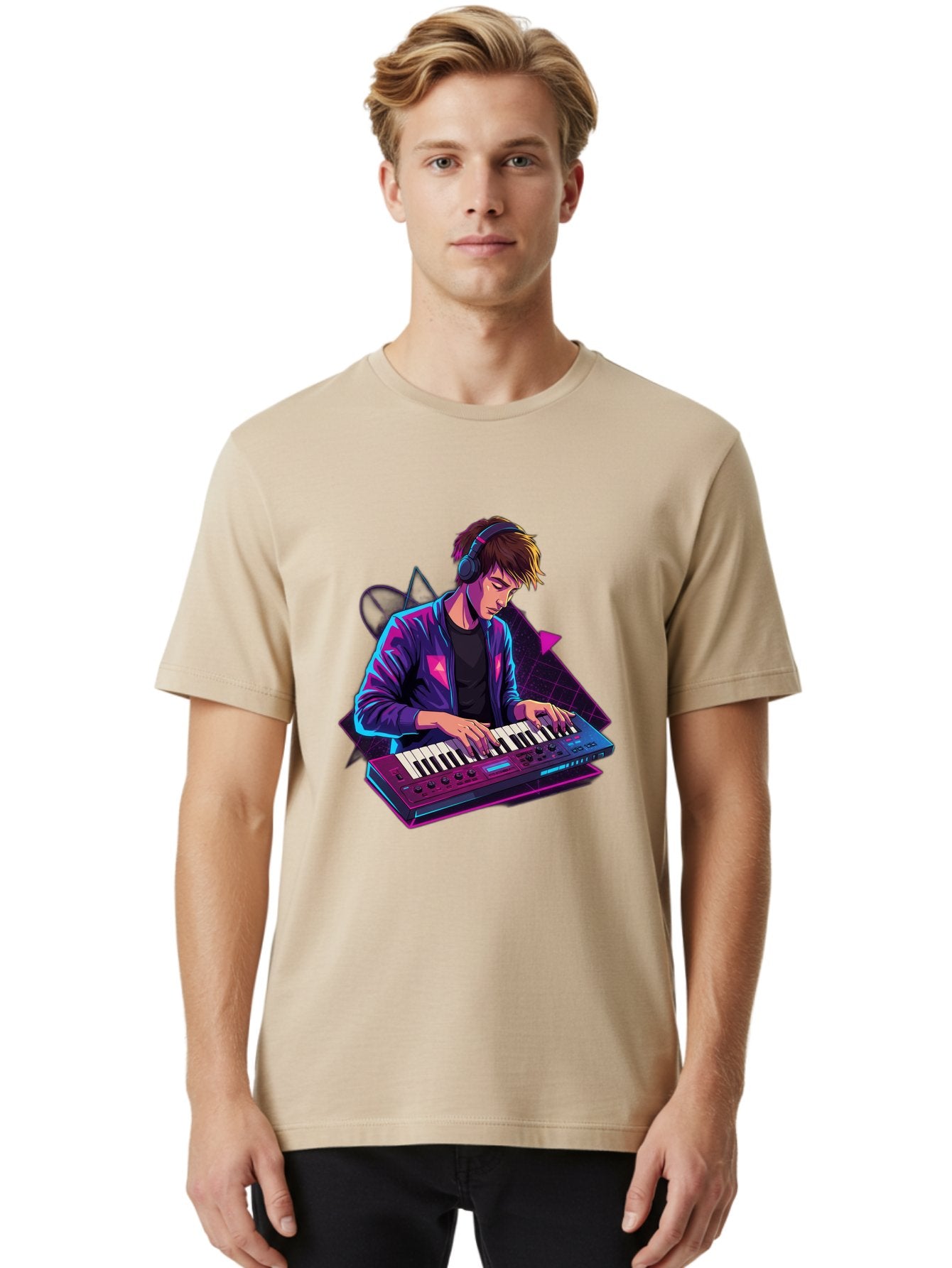 Dj-Playing-Keyboard Men'S Graphic Tee, 100% Cotton, Comfortable Casual Summer Wear, Machine Washable, Music Producer, Electronic Music, Synthesizer Keyboard, Futuristic Style, Neon Lights, Dj Equipment, Sound Production, Creative Art Baa454 20