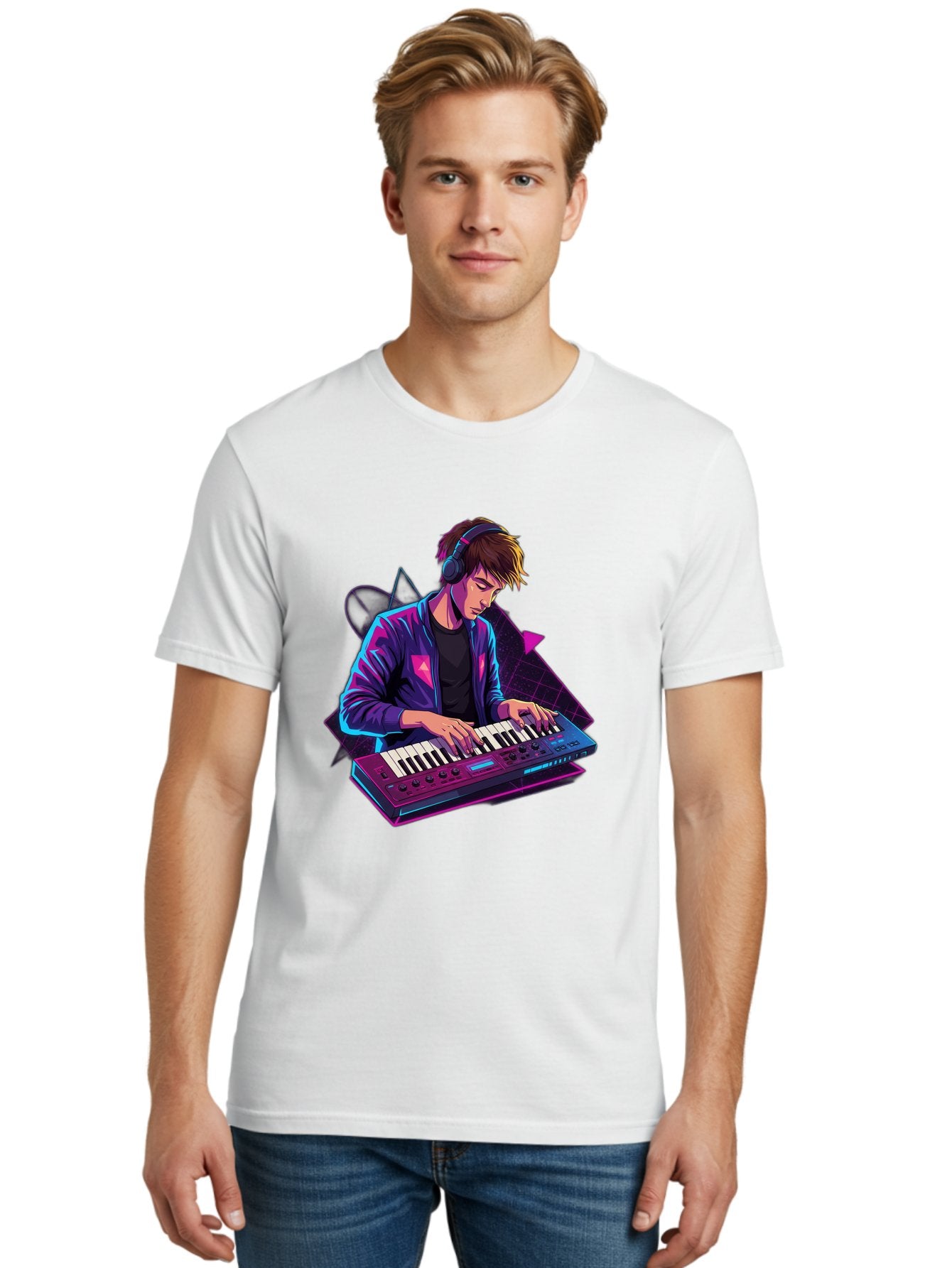 Dj-Playing-Keyboard Men'S Graphic Tee, 100% Cotton, Comfortable Casual Summer Wear, Machine Washable, Music Producer, Electronic Music, Synthesizer Keyboard, Futuristic Style, Neon Lights, Dj Equipment, Sound Production, Creative Art Baa454 22