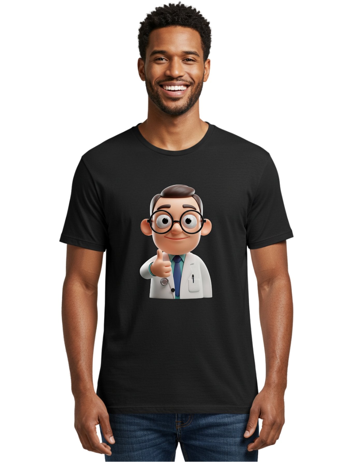 Doctor-1 Men'S Graphic Tee, 100% Cotton, Comfortable Casual Summer Wear, Machine Washable, 3D Cartoon Doctor, Thumbs Up Gesture, Eyeglasses, White Lab Coat, Blue Tie, Stethoscope, Confident Expression, Friendly Demeanor, Medical Professional, Baa455 17