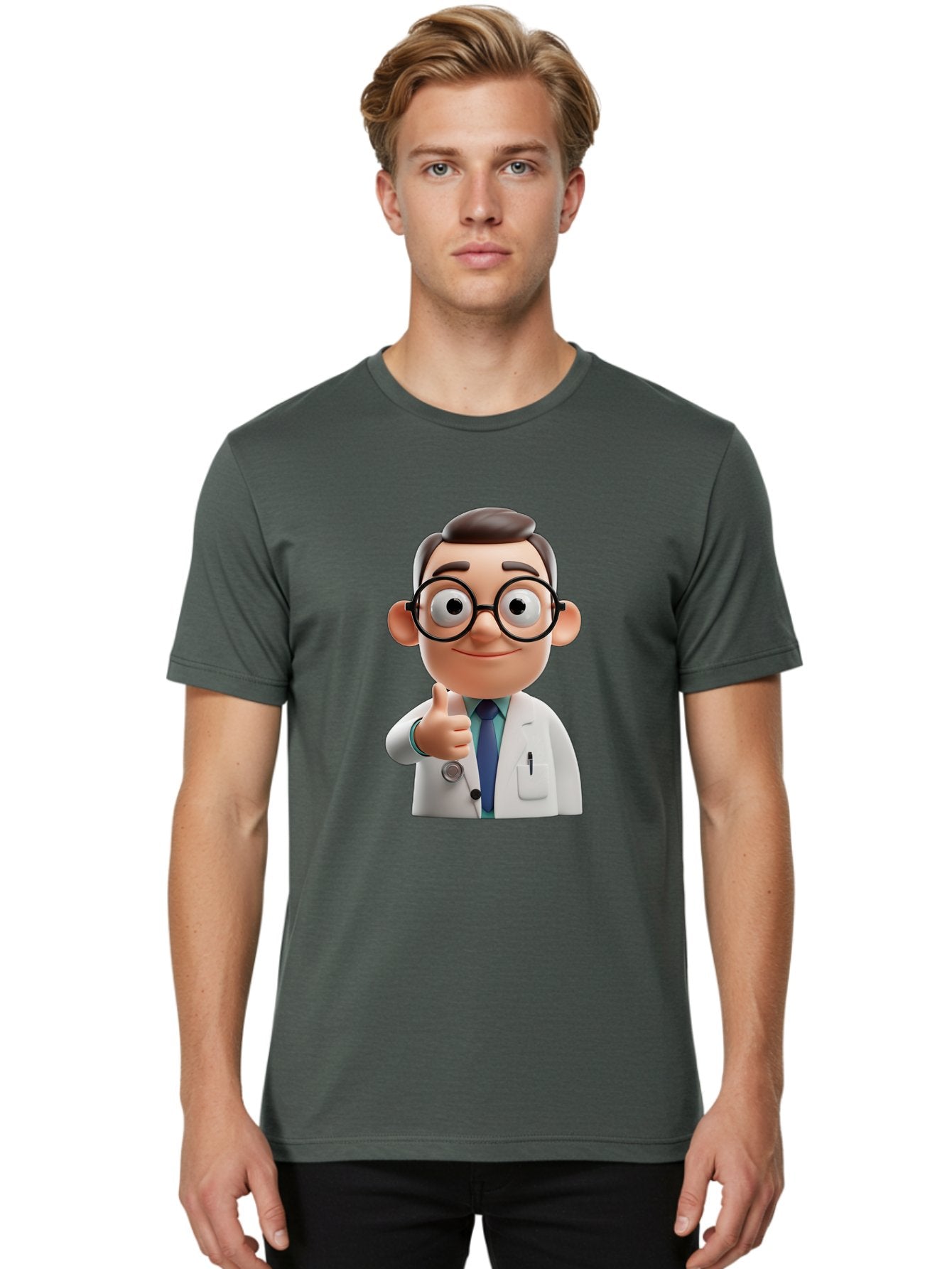 Doctor-1 Men'S Graphic Tee, 100% Cotton, Comfortable Casual Summer Wear, Machine Washable, 3D Cartoon Doctor, Thumbs Up Gesture, Eyeglasses, White Lab Coat, Blue Tie, Stethoscope, Confident Expression, Friendly Demeanor, Medical Professional, Baa455 30