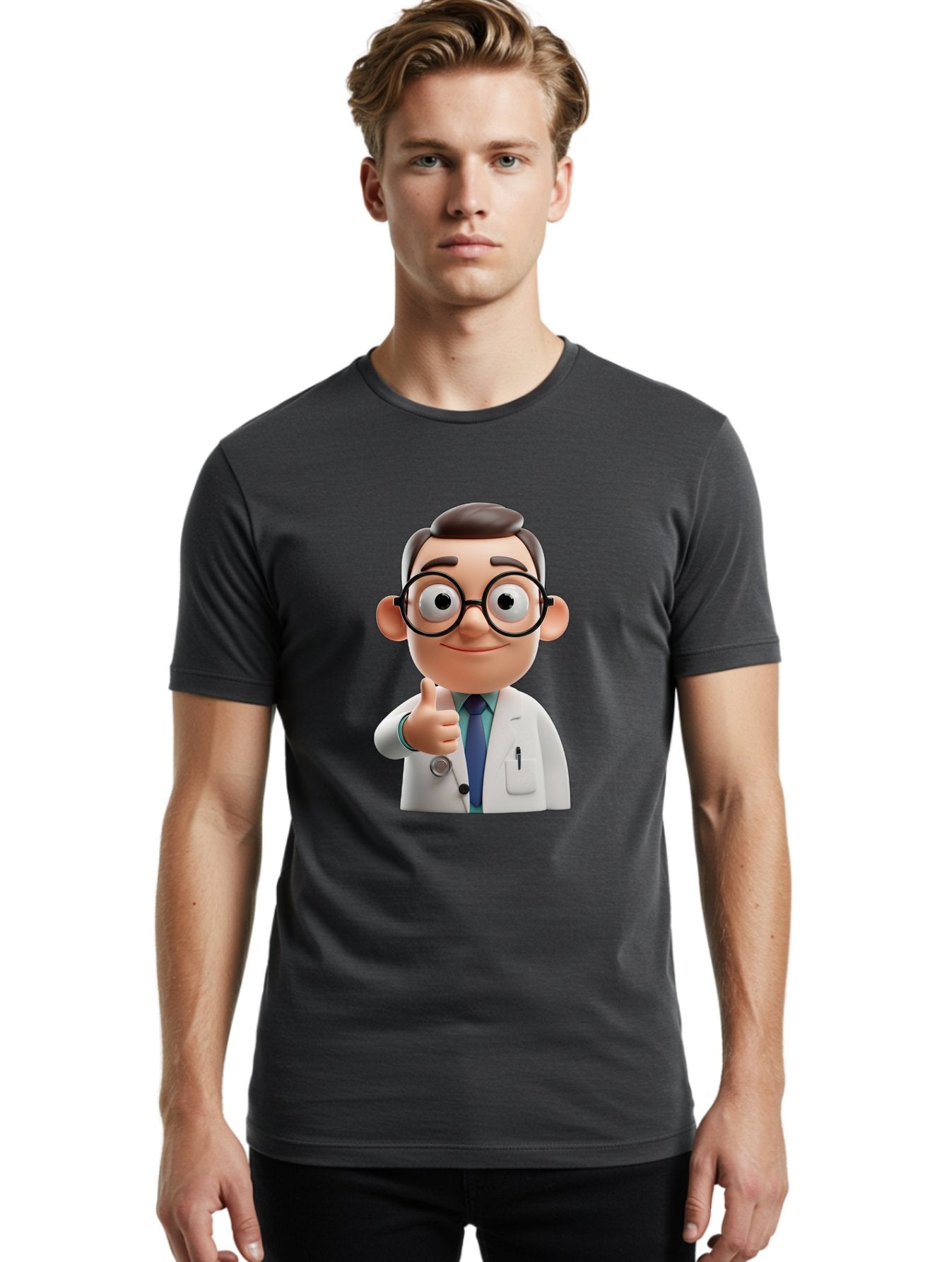 Doctor-1 Men'S Graphic Tee, 100% Cotton, Comfortable Casual Summer Wear, Machine Washable, 3D Cartoon Doctor, Thumbs Up Gesture, Eyeglasses, White Lab Coat, Blue Tie, Stethoscope, Confident Expression, Friendly Demeanor, Medical Professional, Baa455 21