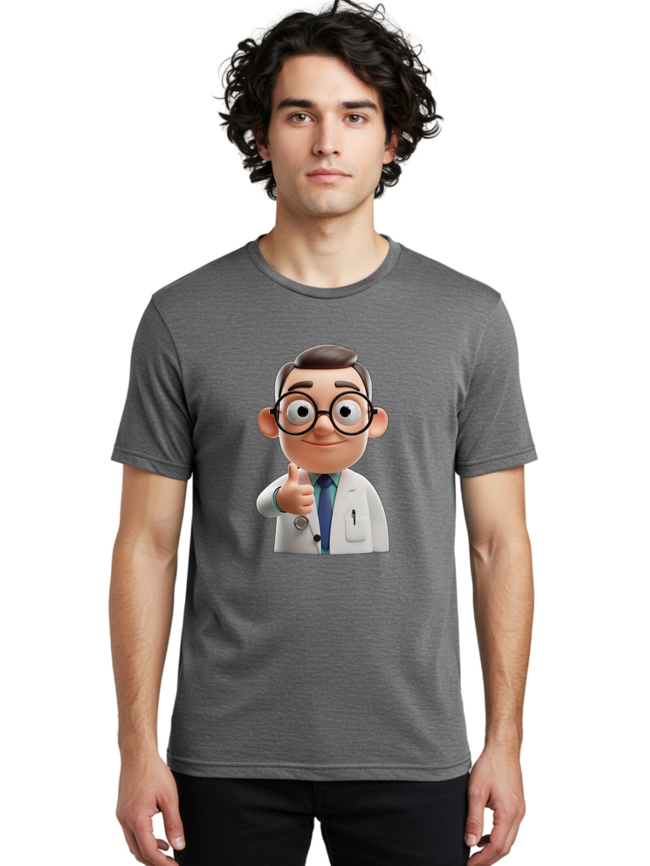 Doctor-1 Men'S Graphic Tee, 100% Cotton, Comfortable Casual Summer Wear, Machine Washable, 3D Cartoon Doctor, Thumbs Up Gesture, Eyeglasses, White Lab Coat, Blue Tie, Stethoscope, Confident Expression, Friendly Demeanor, Medical Professional, Baa455 20