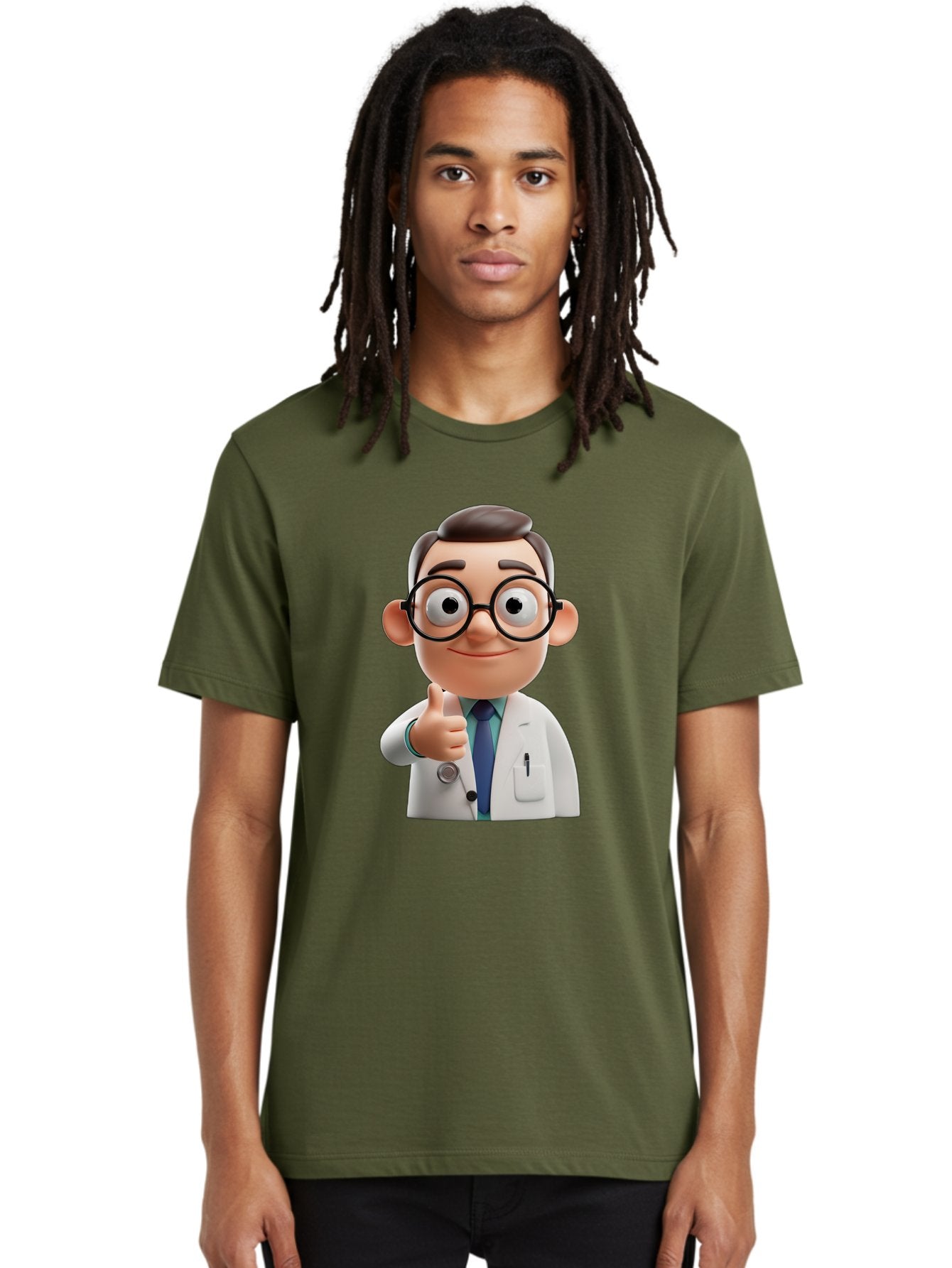 Doctor-1 Men'S Graphic Tee, 100% Cotton, Comfortable Casual Summer Wear, Machine Washable, 3D Cartoon Doctor, Thumbs Up Gesture, Eyeglasses, White Lab Coat, Blue Tie, Stethoscope, Confident Expression, Friendly Demeanor, Medical Professional, Baa455 22