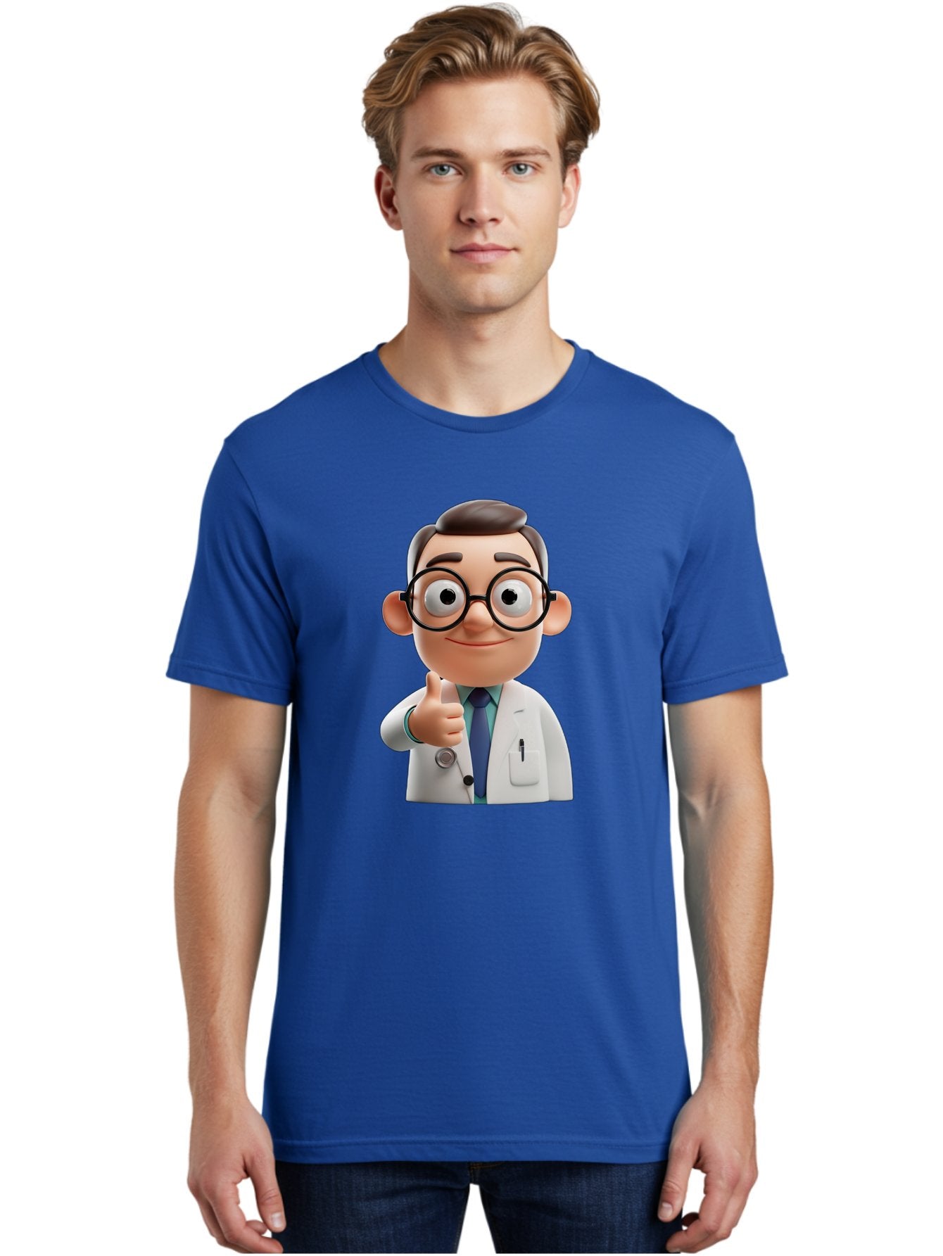 Doctor-1 Men'S Graphic Tee, 100% Cotton, Comfortable Casual Summer Wear, Machine Washable, 3D Cartoon Doctor, Thumbs Up Gesture, Eyeglasses, White Lab Coat, Blue Tie, Stethoscope, Confident Expression, Friendly Demeanor, Medical Professional, Baa455 26