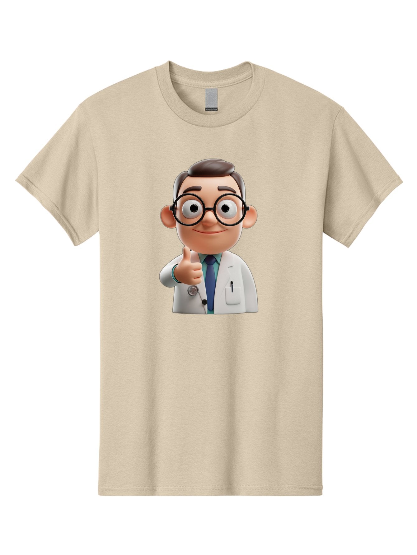 Doctor-1 Men'S Graphic Tee, 100% Cotton, Comfortable Casual Summer Wear, Machine Washable, 3D Cartoon Doctor, Thumbs Up Gesture, Eyeglasses, White Lab Coat, Blue Tie, Stethoscope, Confident Expression, Friendly Demeanor, Medical Professional, Baa455