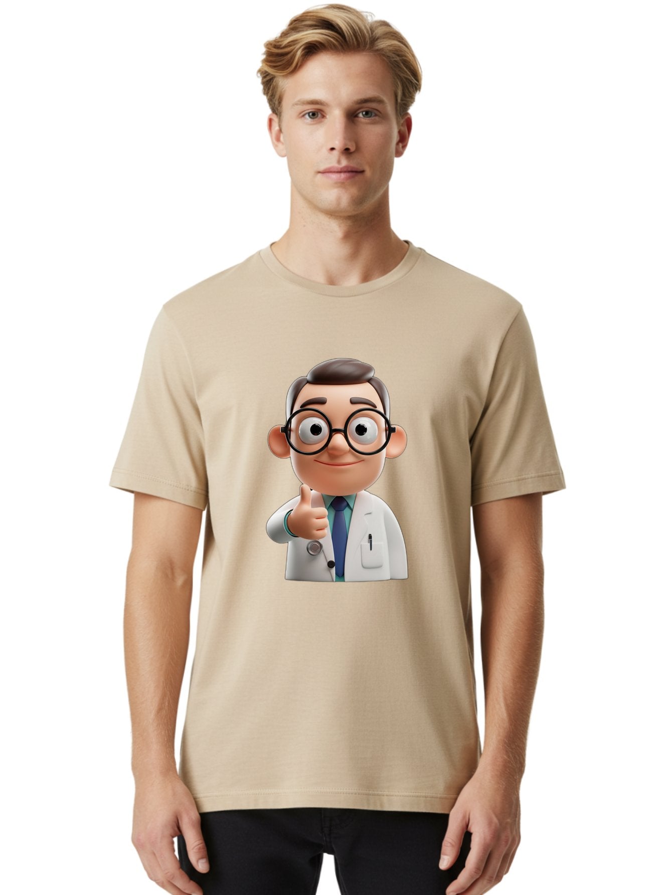 Doctor-1 Men'S Graphic Tee, 100% Cotton, Comfortable Casual Summer Wear, Machine Washable, 3D Cartoon Doctor, Thumbs Up Gesture, Eyeglasses, White Lab Coat, Blue Tie, Stethoscope, Confident Expression, Friendly Demeanor, Medical Professional, Baa455 19