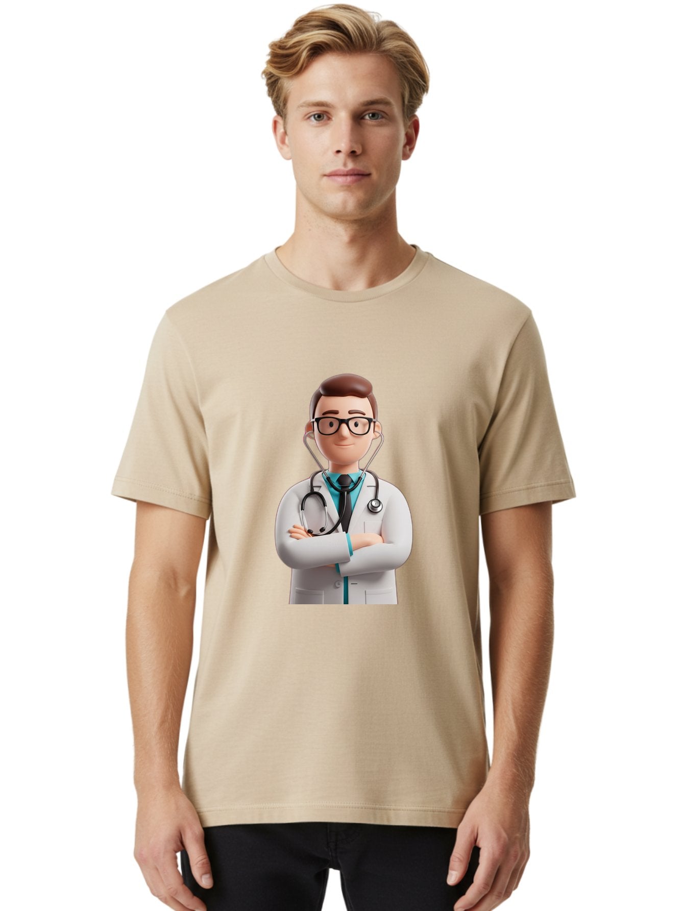 Doctor-3 Men'S Graphic Tee, 100% Cotton, Comfortable Casual Summer Wear, Machine Washable, Cartoon Doctor, Medical Professional, Stethoscope Around Neck, White Lab Coat, Confident Pose, Medical Care, Healthcare Provider, Friendly Smile, Baa457 27