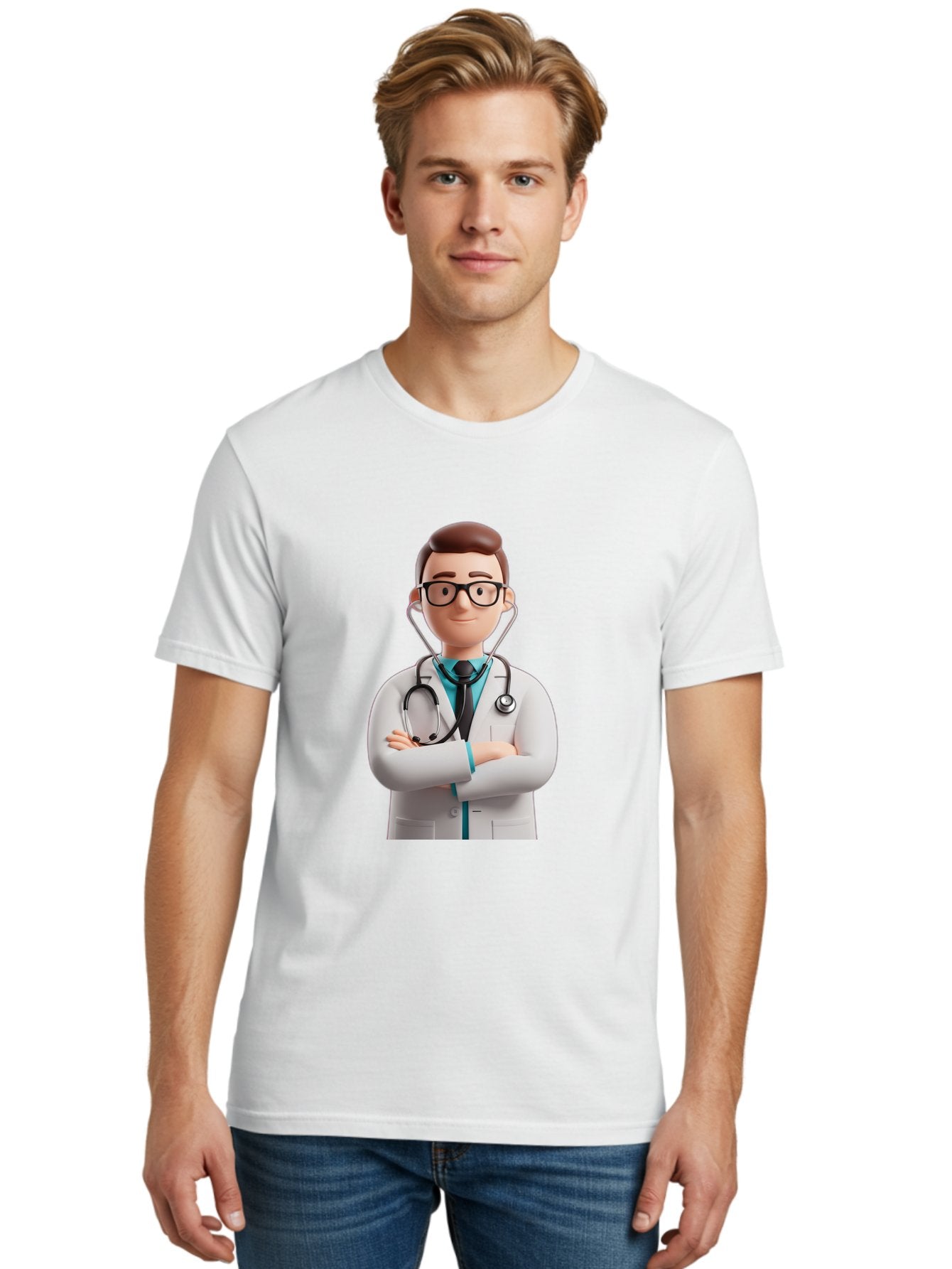 Doctor-3 Men'S Graphic Tee, 100% Cotton, Comfortable Casual Summer Wear, Machine Washable, Cartoon Doctor, Medical Professional, Stethoscope Around Neck, White Lab Coat, Confident Pose, Medical Care, Healthcare Provider, Friendly Smile, Baa457 16