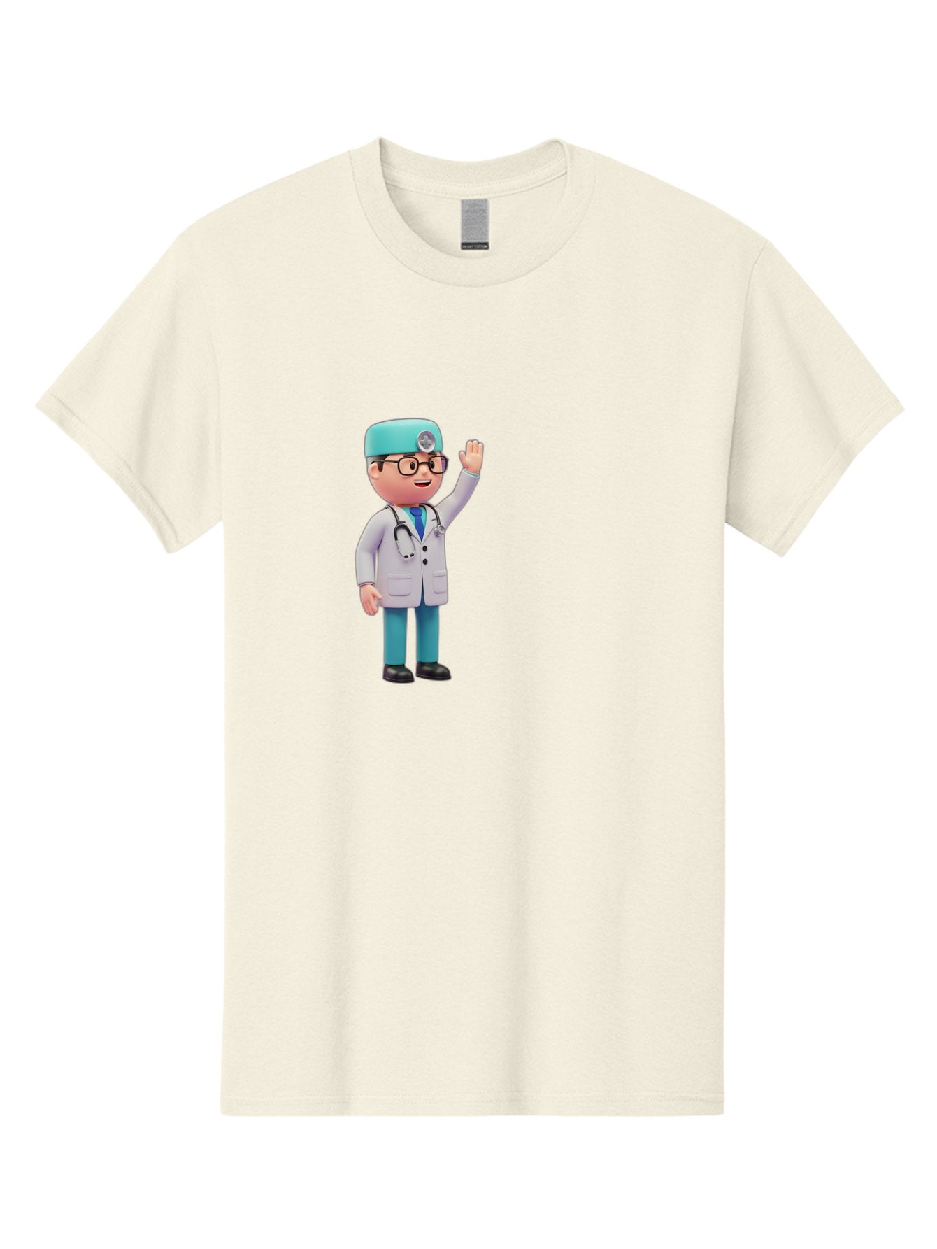 Doctor-3D-Character Men'S Graphic Tee, 100% Cotton, Comfortable Casual Summer Wear, Machine Washable, Cartoon Doctor, Medical Professional, Friendly Character, Waving Gesture, White Lab Coat, Stethoscope, Blue Scrubs, Healthcare Worker, Baa458 14