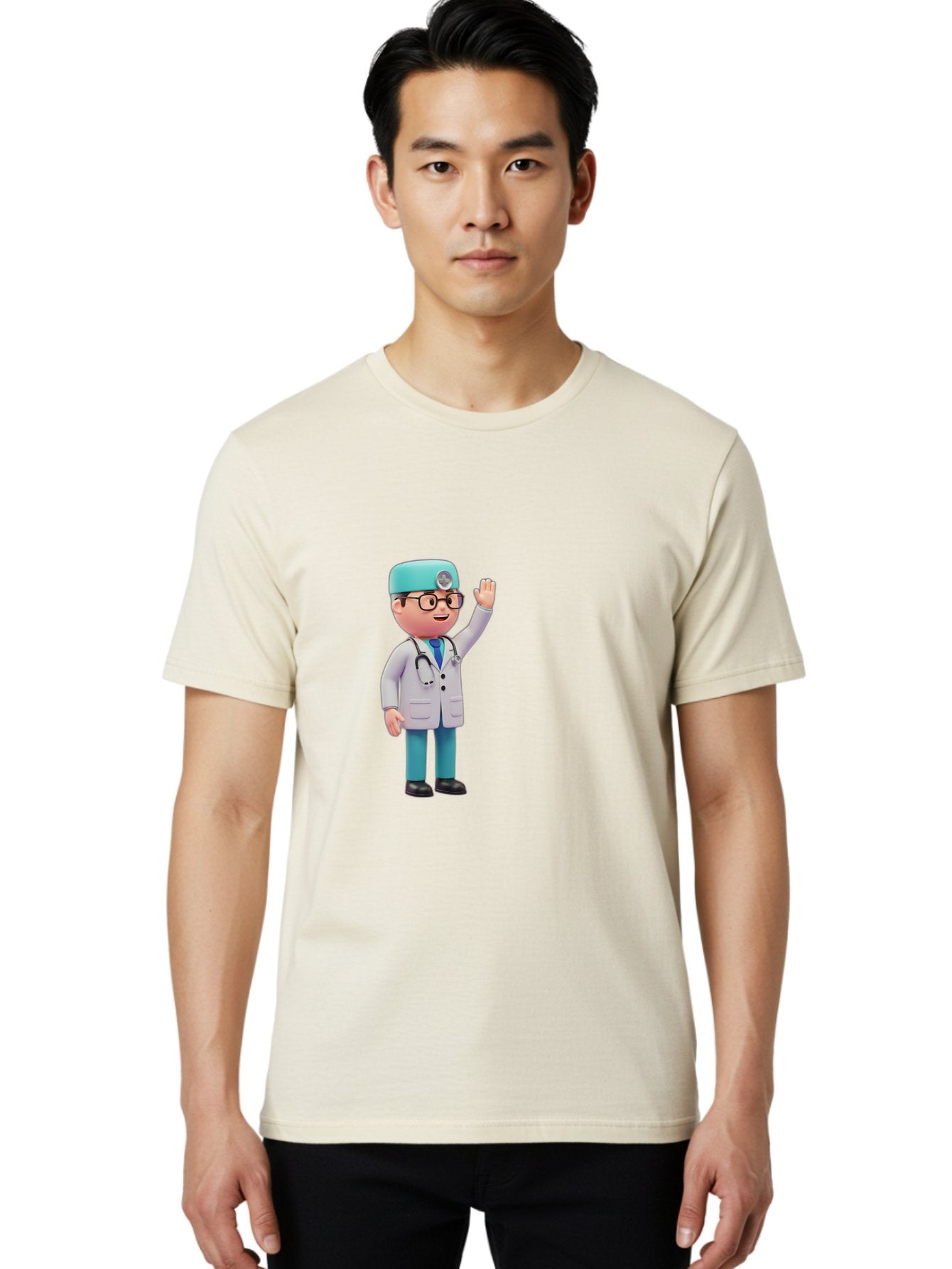 Doctor-3D-Character Men'S Graphic Tee, 100% Cotton, Comfortable Casual Summer Wear, Machine Washable, Cartoon Doctor, Medical Professional, Friendly Character, Waving Gesture, White Lab Coat, Stethoscope, Blue Scrubs, Healthcare Worker, Baa458 29