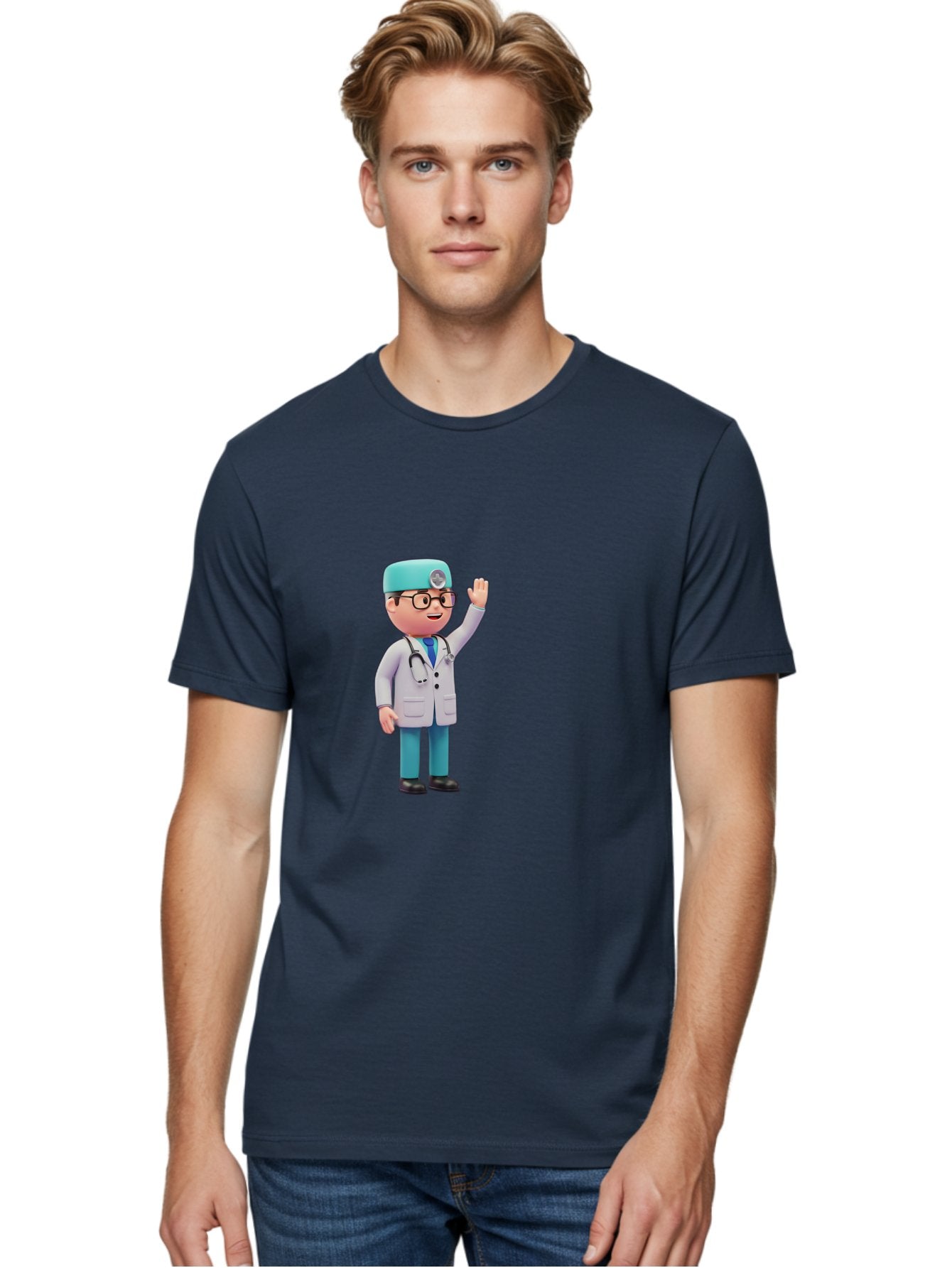 Doctor-3D-Character Men'S Graphic Tee, 100% Cotton, Comfortable Casual Summer Wear, Machine Washable, Cartoon Doctor, Medical Professional, Friendly Character, Waving Gesture, White Lab Coat, Stethoscope, Blue Scrubs, Healthcare Worker, Baa458 25