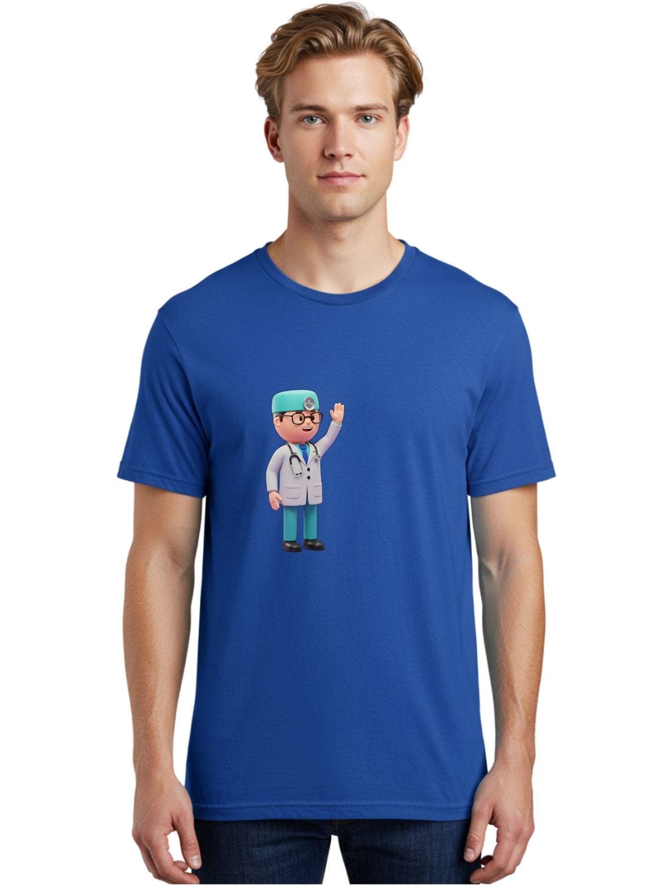 Doctor-3D-Character Men'S Graphic Tee, 100% Cotton, Comfortable Casual Summer Wear, Machine Washable, Cartoon Doctor, Medical Professional, Friendly Character, Waving Gesture, White Lab Coat, Stethoscope, Blue Scrubs, Healthcare Worker, Baa458 19