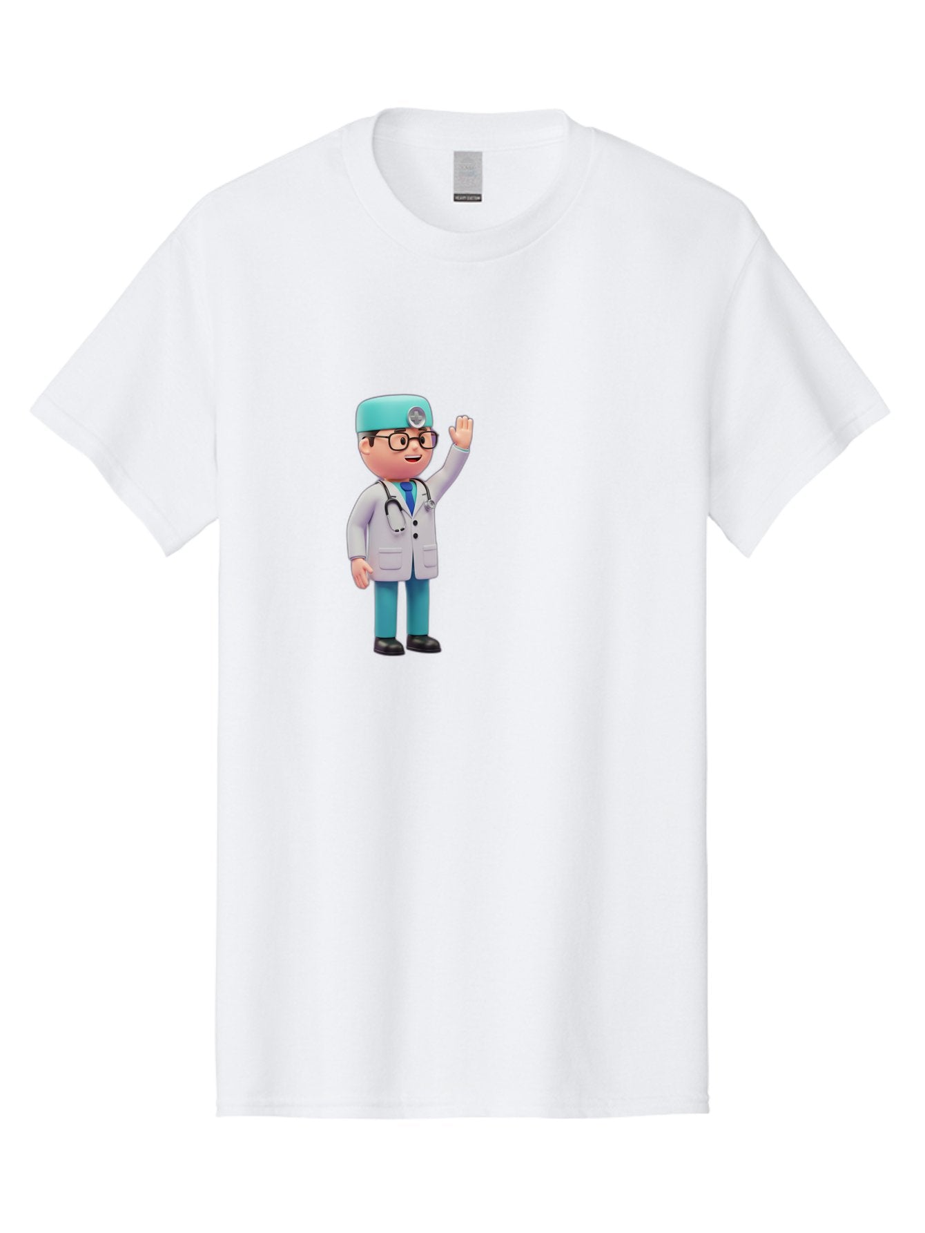 Doctor-3D-Character Men'S Graphic Tee, 100% Cotton, Comfortable Casual Summer Wear, Machine Washable, Cartoon Doctor, Medical Professional, Friendly Character, Waving Gesture, White Lab Coat, Stethoscope, Blue Scrubs, Healthcare Worker, Baa458 9