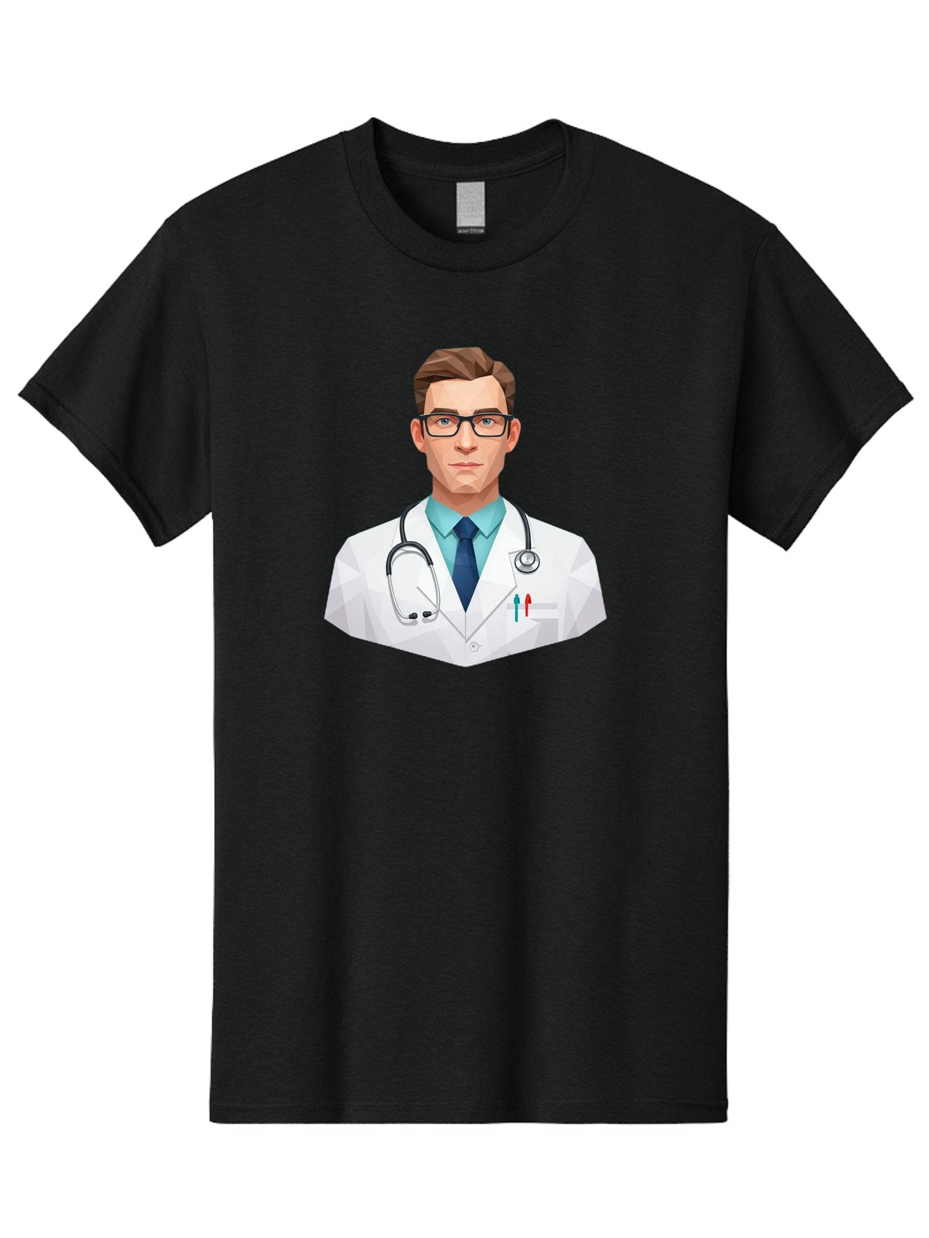 Doctor-4 Men'S Graphic Tee, 100% Cotton, Comfortable Casual Summer Wear, Machine Washable, Male Doctor, Medical Professional, Stethoscope Around Neck, White Lab Coat, Blue Shirt, Dark Blue Tie, Pens In Pocket, Glasses, Low Poly Style, Baa459 11