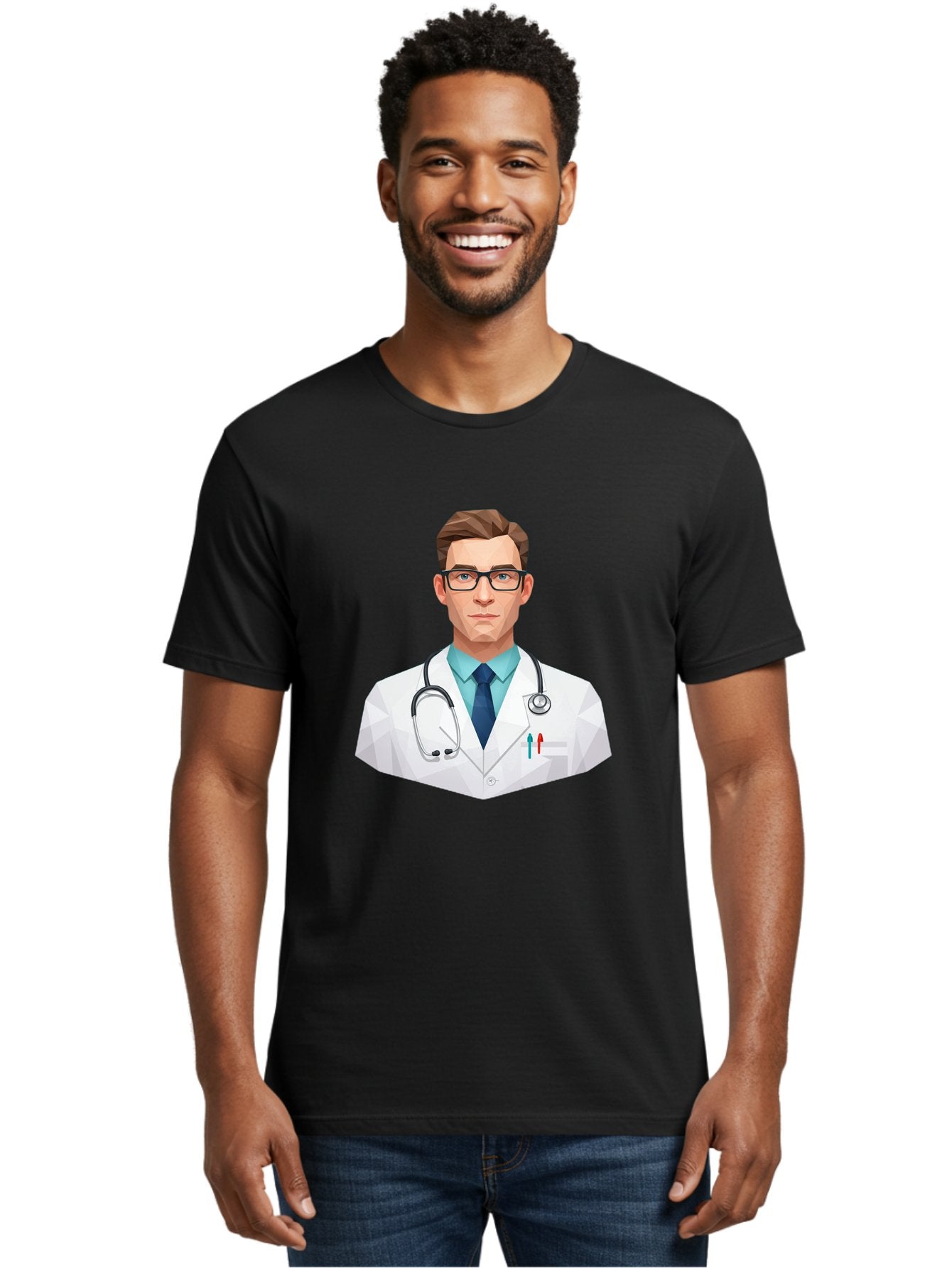 Doctor-4 Men'S Graphic Tee, 100% Cotton, Comfortable Casual Summer Wear, Machine Washable, Male Doctor, Medical Professional, Stethoscope Around Neck, White Lab Coat, Blue Shirt, Dark Blue Tie, Pens In Pocket, Glasses, Low Poly Style, Baa459 27