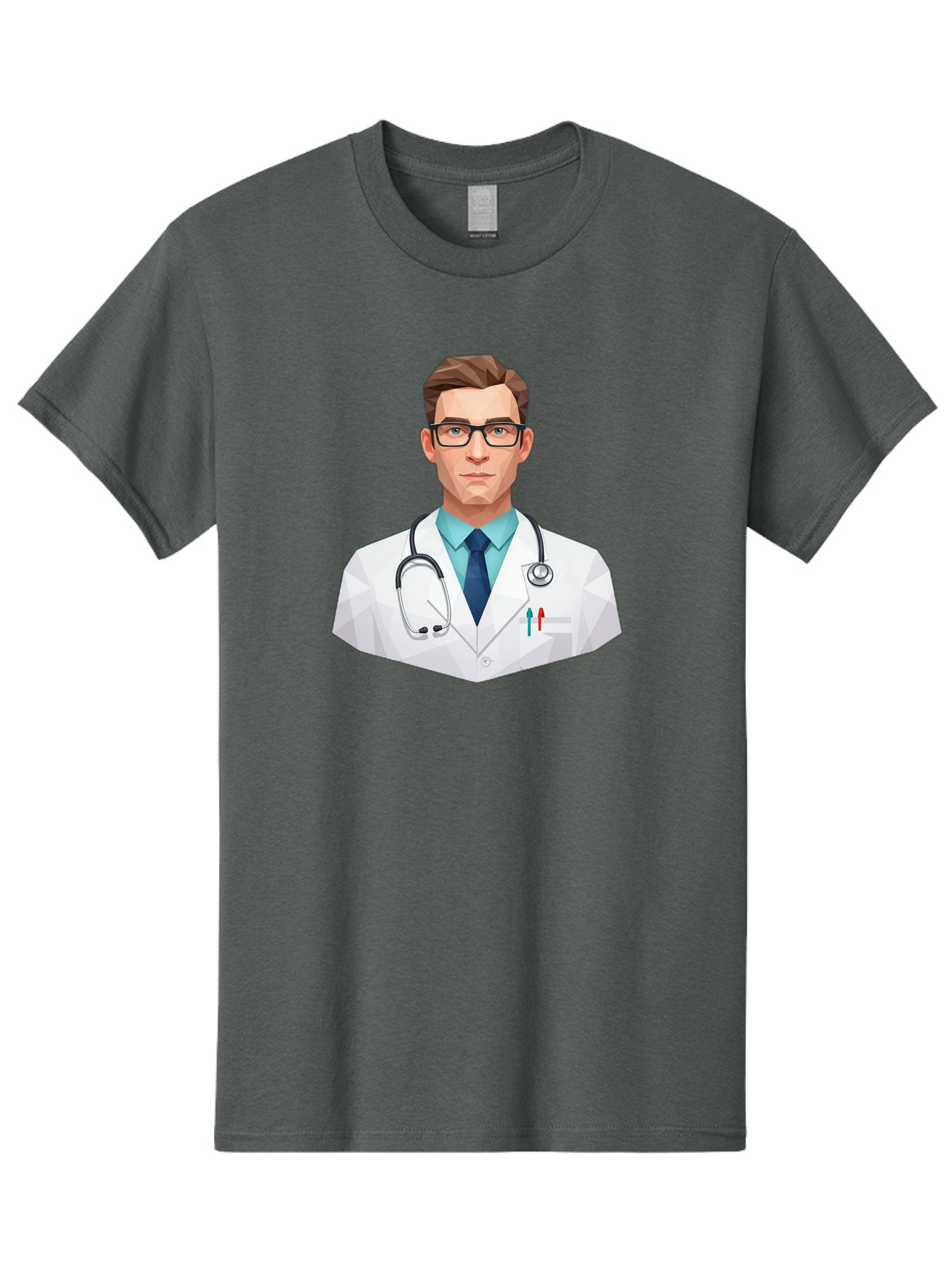 Doctor-4 Men'S Graphic Tee, 100% Cotton, Comfortable Casual Summer Wear, Machine Washable, Male Doctor, Medical Professional, Stethoscope Around Neck, White Lab Coat, Blue Shirt, Dark Blue Tie, Pens In Pocket, Glasses, Low Poly Style, Baa459
