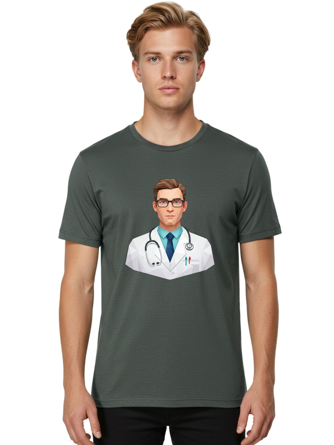Doctor-4 Men'S Graphic Tee, 100% Cotton, Comfortable Casual Summer Wear, Machine Washable, Male Doctor, Medical Professional, Stethoscope Around Neck, White Lab Coat, Blue Shirt, Dark Blue Tie, Pens In Pocket, Glasses, Low Poly Style, Baa459 21