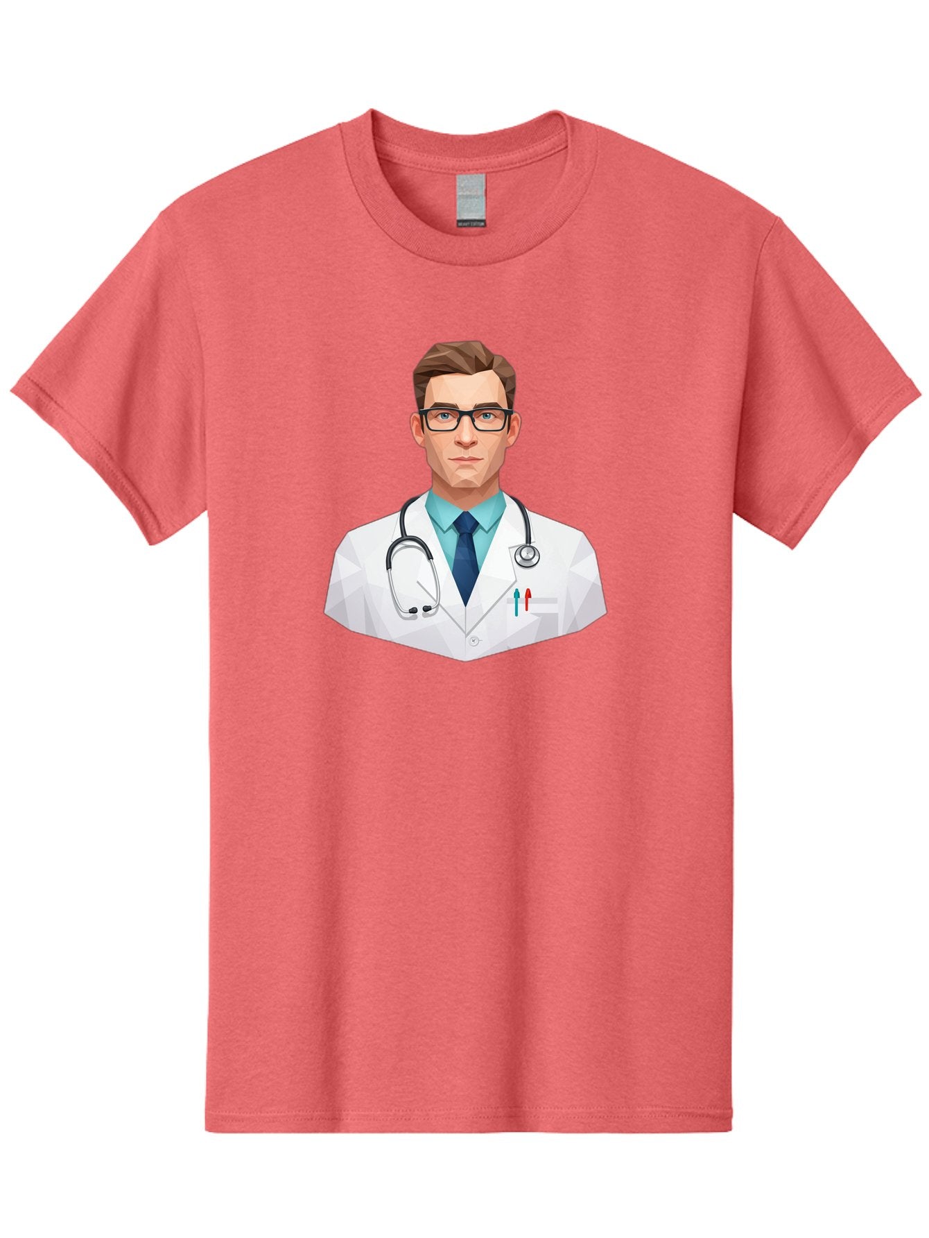 Doctor-4 Men'S Graphic Tee, 100% Cotton, Comfortable Casual Summer Wear, Machine Washable, Male Doctor, Medical Professional, Stethoscope Around Neck, White Lab Coat, Blue Shirt, Dark Blue Tie, Pens In Pocket, Glasses, Low Poly Style, Baa459 8