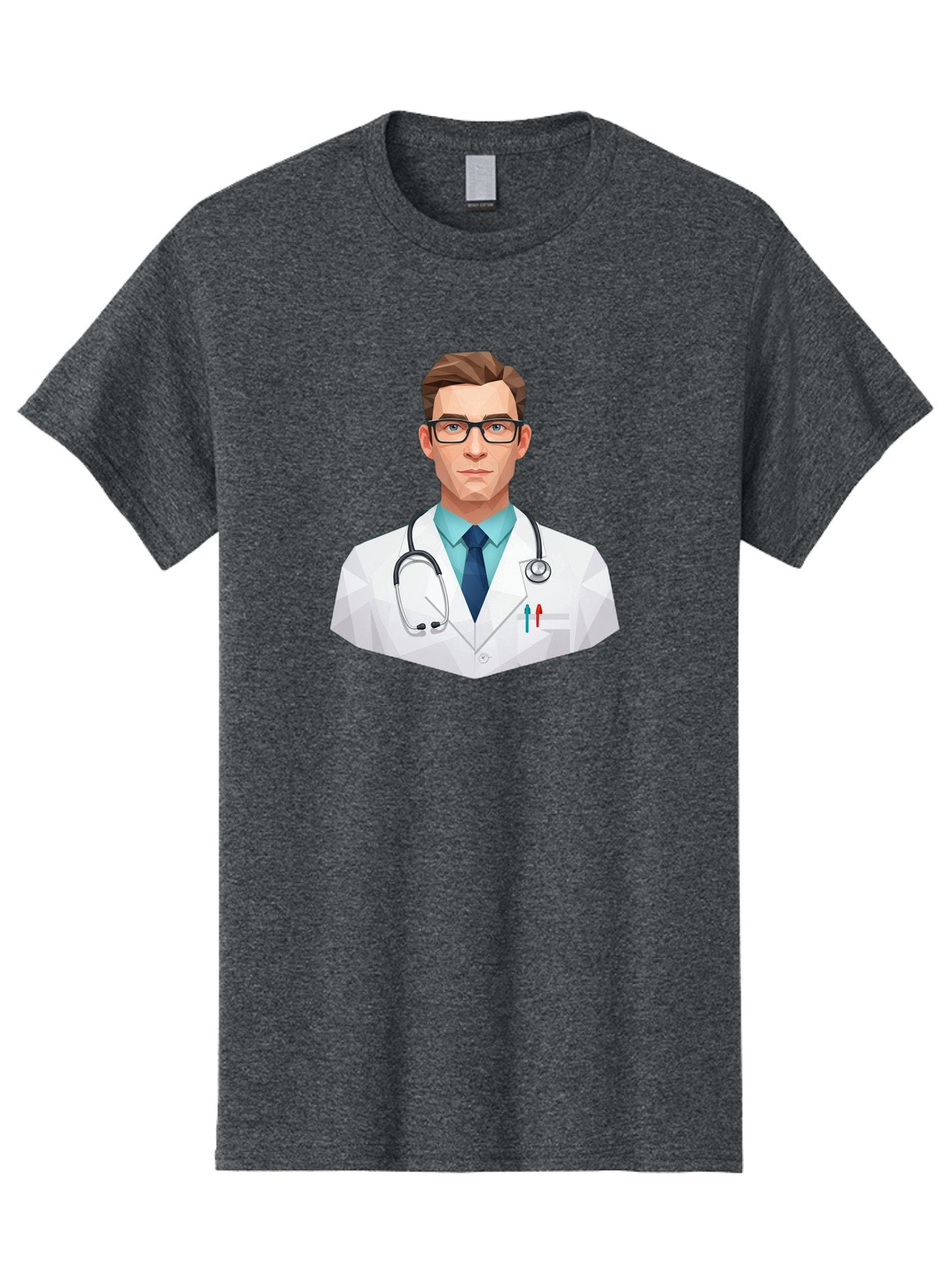Doctor-4 Men'S Graphic Tee, 100% Cotton, Comfortable Casual Summer Wear, Machine Washable, Male Doctor, Medical Professional, Stethoscope Around Neck, White Lab Coat, Blue Shirt, Dark Blue Tie, Pens In Pocket, Glasses, Low Poly Style, Baa459 7