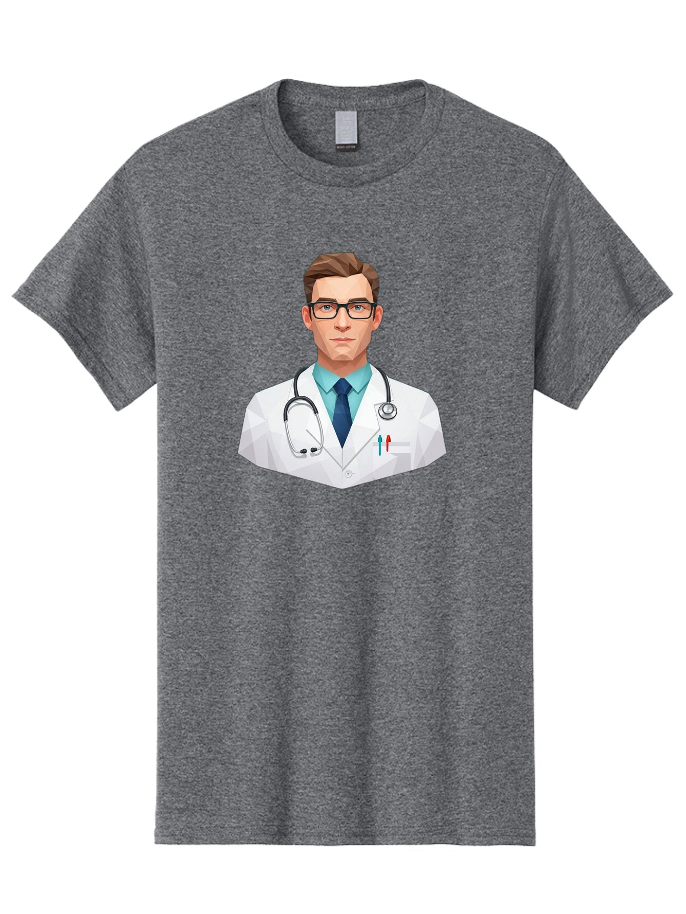 Doctor-4 Men'S Graphic Tee, 100% Cotton, Comfortable Casual Summer Wear, Machine Washable, Male Doctor, Medical Professional, Stethoscope Around Neck, White Lab Coat, Blue Shirt, Dark Blue Tie, Pens In Pocket, Glasses, Low Poly Style, Baa459