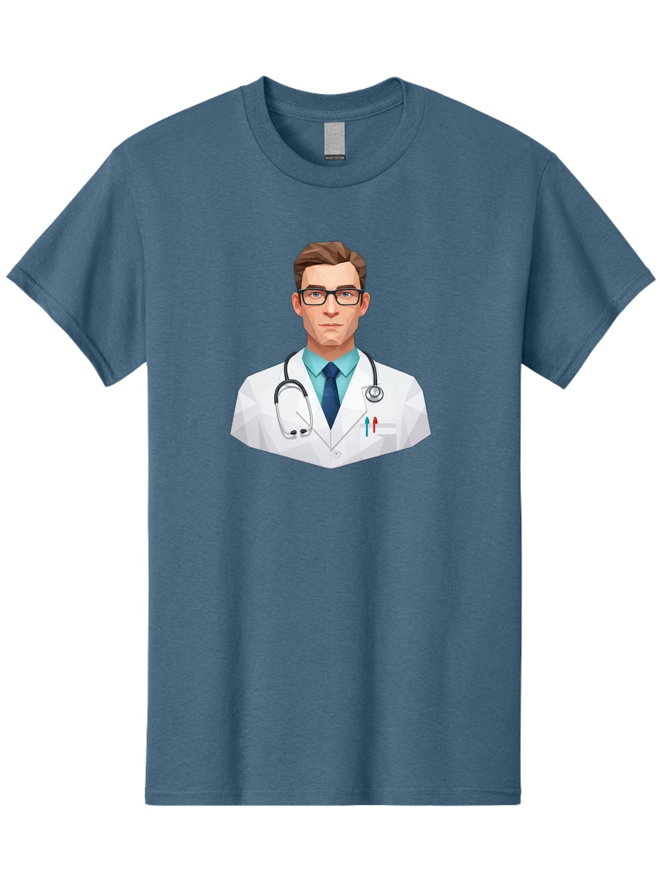 Doctor-4 Men'S Graphic Tee, 100% Cotton, Comfortable Casual Summer Wear, Machine Washable, Male Doctor, Medical Professional, Stethoscope Around Neck, White Lab Coat, Blue Shirt, Dark Blue Tie, Pens In Pocket, Glasses, Low Poly Style, Baa459 3