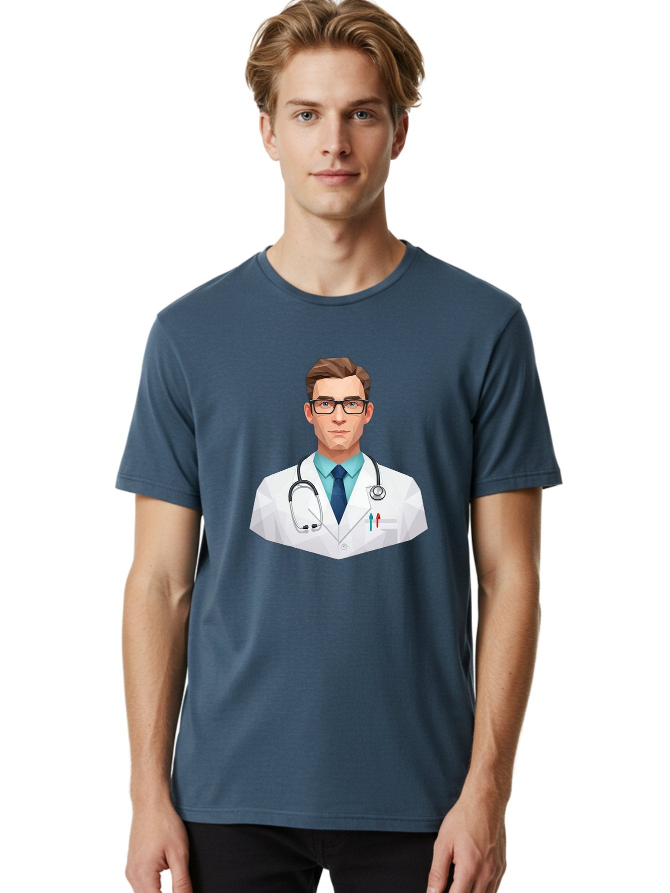 Doctor-4 Men'S Graphic Tee, 100% Cotton, Comfortable Casual Summer Wear, Machine Washable, Male Doctor, Medical Professional, Stethoscope Around Neck, White Lab Coat, Blue Shirt, Dark Blue Tie, Pens In Pocket, Glasses, Low Poly Style, Baa459 22