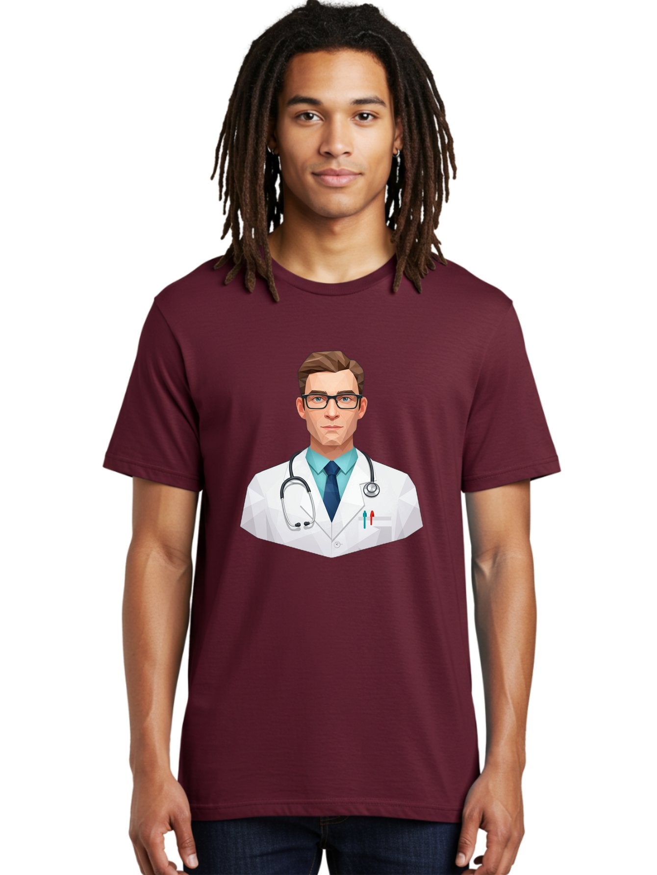 Doctor-4 Men'S Graphic Tee, 100% Cotton, Comfortable Casual Summer Wear, Machine Washable, Male Doctor, Medical Professional, Stethoscope Around Neck, White Lab Coat, Blue Shirt, Dark Blue Tie, Pens In Pocket, Glasses, Low Poly Style, Baa459 18