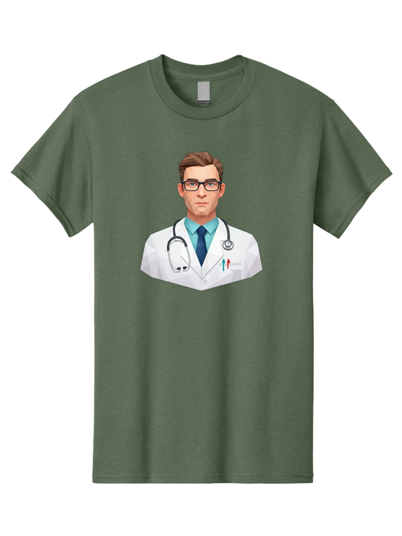 Doctor-4 Men'S Graphic Tee, 100% Cotton, Comfortable Casual Summer Wear, Machine Washable, Male Doctor, Medical Professional, Stethoscope Around Neck, White Lab Coat, Blue Shirt, Dark Blue Tie, Pens In Pocket, Glasses, Low Poly Style, Baa459 13