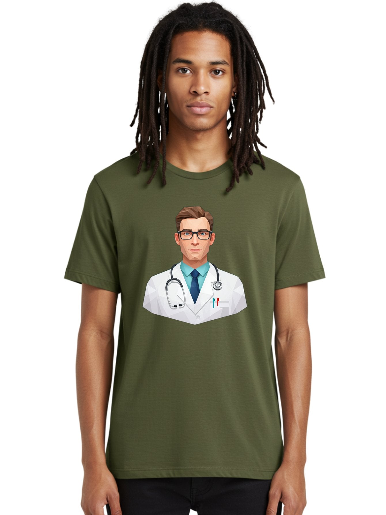 Doctor-4 Men'S Graphic Tee, 100% Cotton, Comfortable Casual Summer Wear, Machine Washable, Male Doctor, Medical Professional, Stethoscope Around Neck, White Lab Coat, Blue Shirt, Dark Blue Tie, Pens In Pocket, Glasses, Low Poly Style, Baa459 20