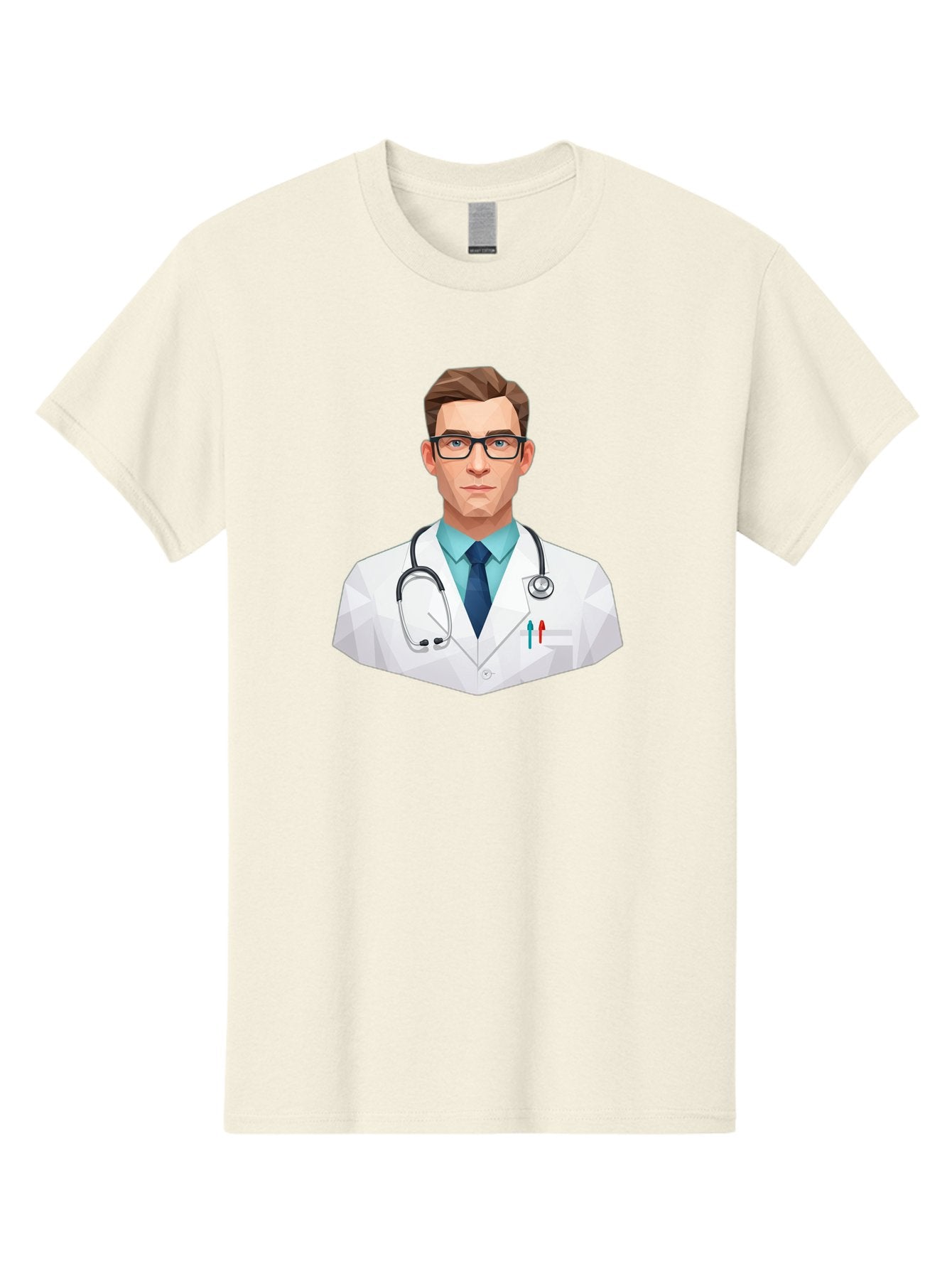 Doctor-4 Men'S Graphic Tee, 100% Cotton, Comfortable Casual Summer Wear, Machine Washable, Male Doctor, Medical Professional, Stethoscope Around Neck, White Lab Coat, Blue Shirt, Dark Blue Tie, Pens In Pocket, Glasses, Low Poly Style, Baa459 5