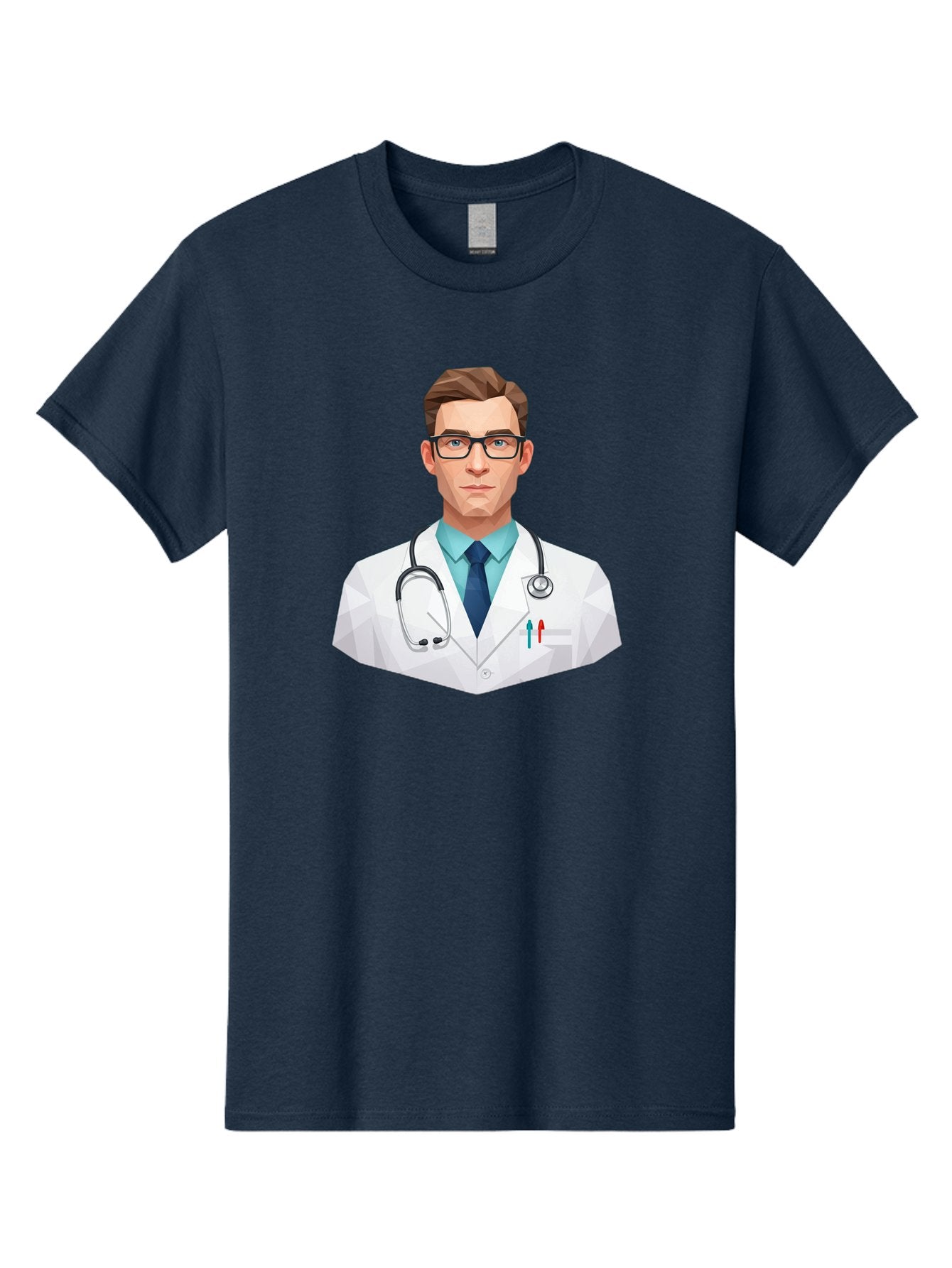 Doctor-4 Men'S Graphic Tee, 100% Cotton, Comfortable Casual Summer Wear, Machine Washable, Male Doctor, Medical Professional, Stethoscope Around Neck, White Lab Coat, Blue Shirt, Dark Blue Tie, Pens In Pocket, Glasses, Low Poly Style, Baa459 14