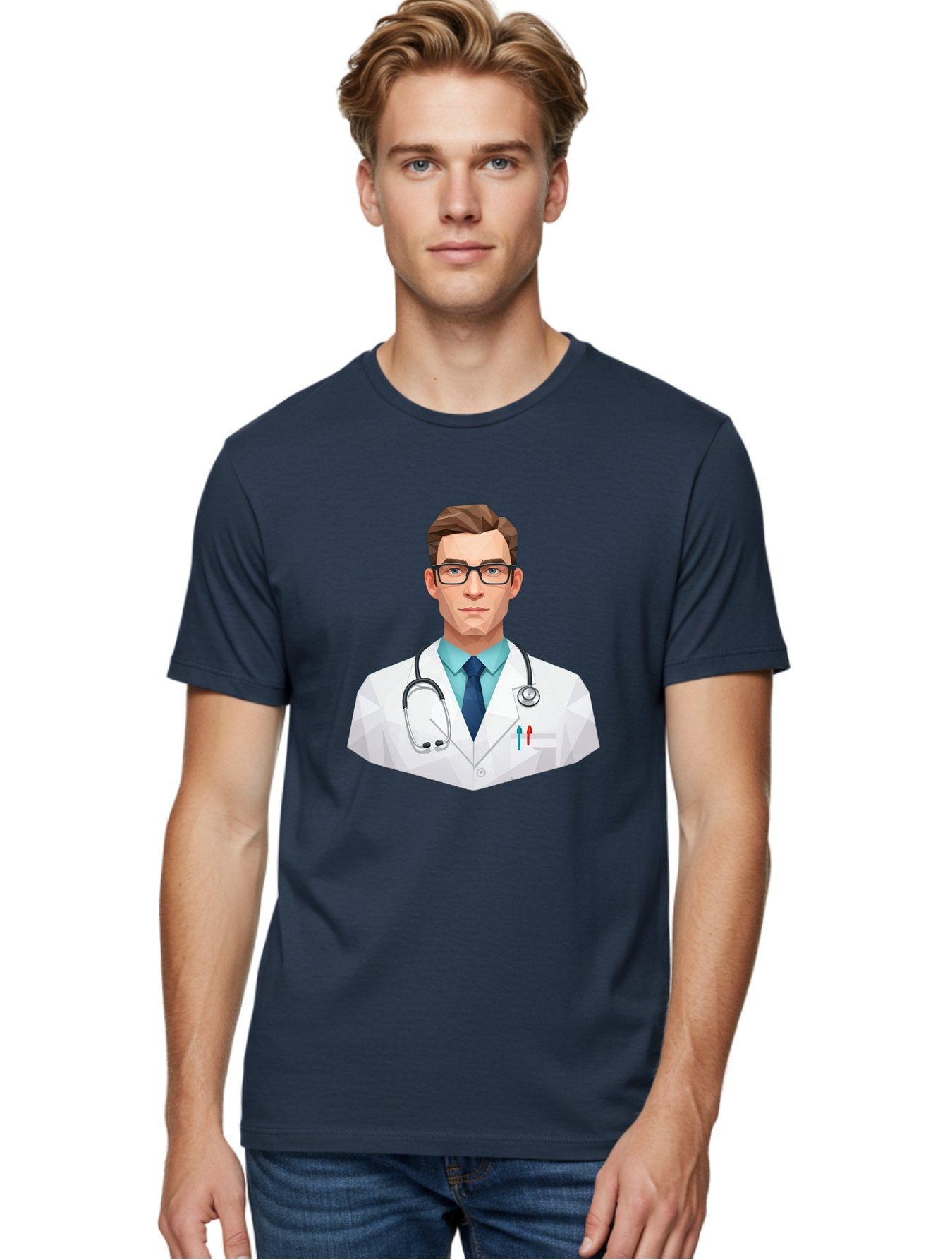 Doctor-4 Men'S Graphic Tee, 100% Cotton, Comfortable Casual Summer Wear, Machine Washable, Male Doctor, Medical Professional, Stethoscope Around Neck, White Lab Coat, Blue Shirt, Dark Blue Tie, Pens In Pocket, Glasses, Low Poly Style, Baa459 29