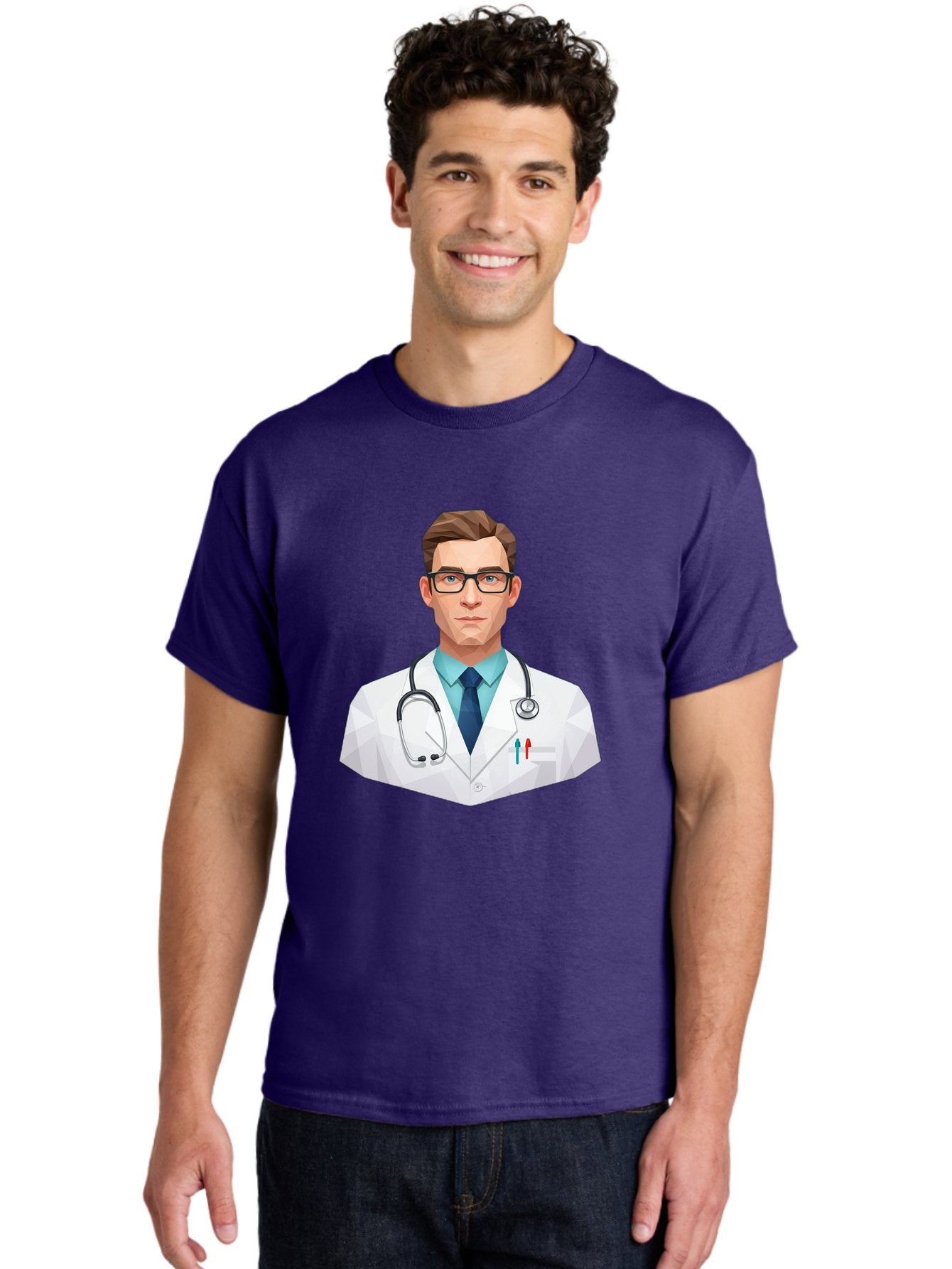 Doctor-4 Men'S Graphic Tee, 100% Cotton, Comfortable Casual Summer Wear, Machine Washable, Male Doctor, Medical Professional, Stethoscope Around Neck, White Lab Coat, Blue Shirt, Dark Blue Tie, Pens In Pocket, Glasses, Low Poly Style, Baa459 24