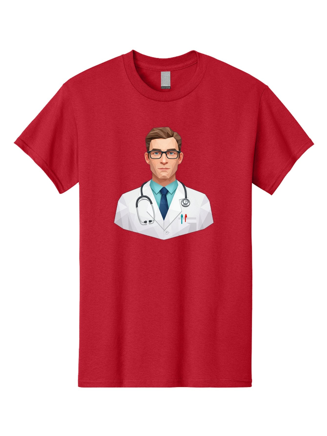 Doctor-4 Men'S Graphic Tee, 100% Cotton, Comfortable Casual Summer Wear, Machine Washable, Male Doctor, Medical Professional, Stethoscope Around Neck, White Lab Coat, Blue Shirt, Dark Blue Tie, Pens In Pocket, Glasses, Low Poly Style, Baa459 12