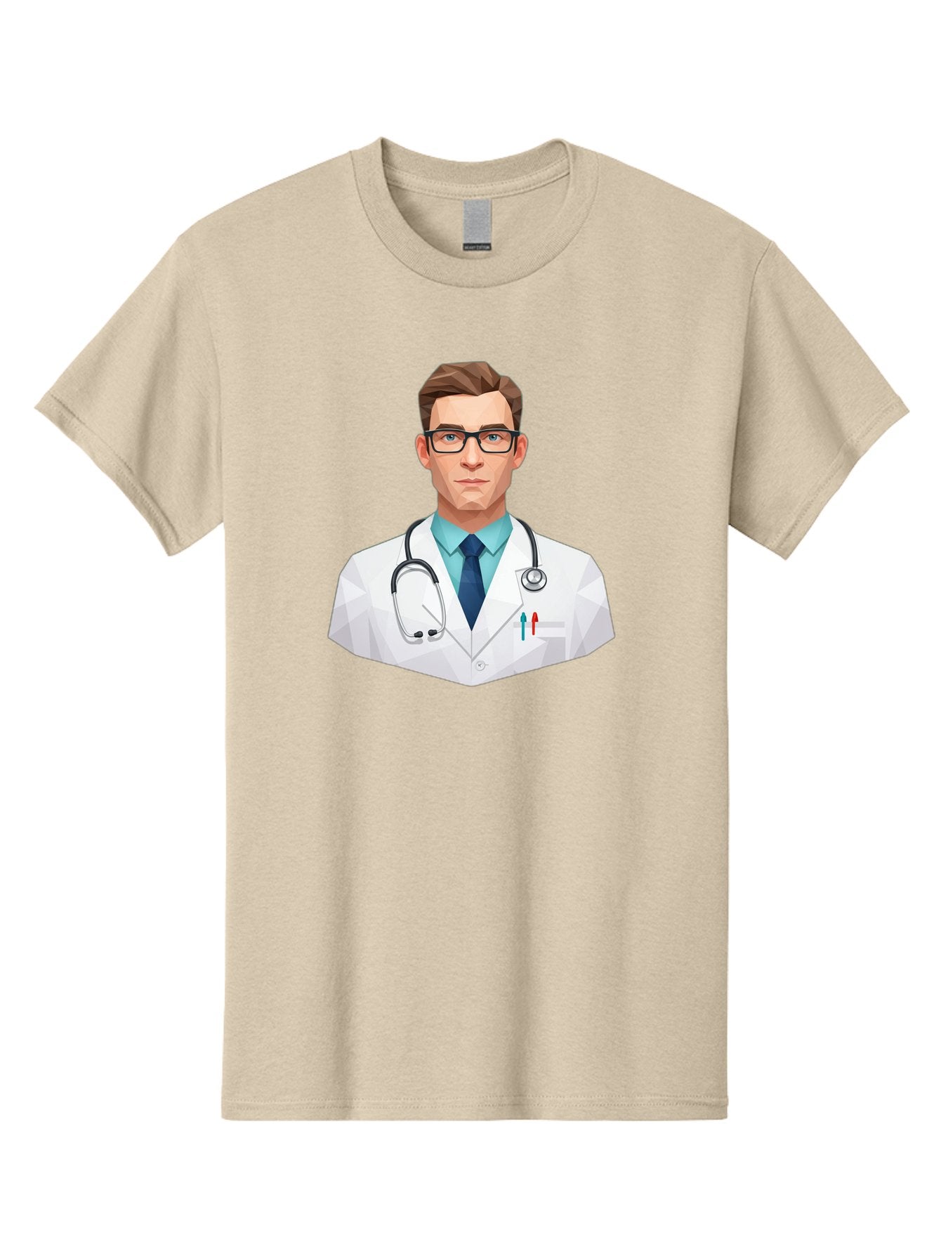 Doctor-4 Men'S Graphic Tee, 100% Cotton, Comfortable Casual Summer Wear, Machine Washable, Male Doctor, Medical Professional, Stethoscope Around Neck, White Lab Coat, Blue Shirt, Dark Blue Tie, Pens In Pocket, Glasses, Low Poly Style, Baa459 15