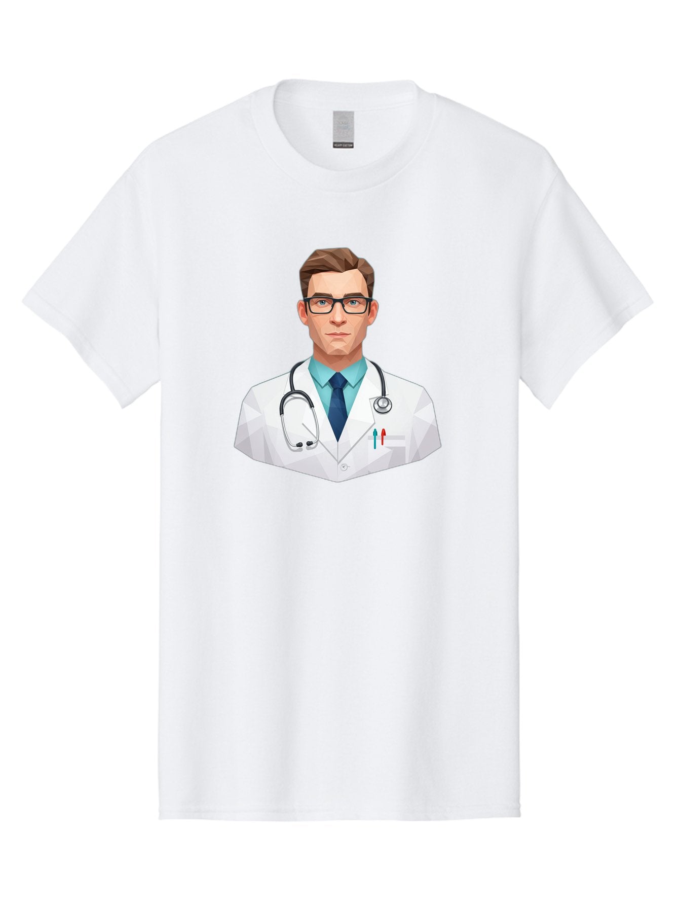 Doctor-4 Men'S Graphic Tee, 100% Cotton, Comfortable Casual Summer Wear, Machine Washable, Male Doctor, Medical Professional, Stethoscope Around Neck, White Lab Coat, Blue Shirt, Dark Blue Tie, Pens In Pocket, Glasses, Low Poly Style, Baa459 10