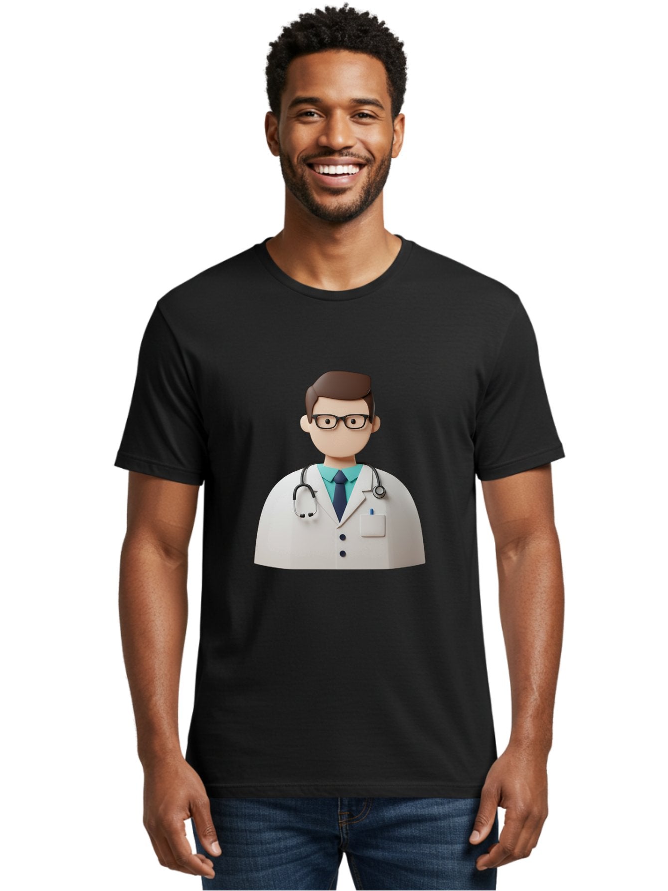 Doctor-5 Men'S Graphic Tee, 100% Cotton, Comfortable Casual Summer Wear, Machine Washable, 3D Cartoon Doctor, Medical Professional, Stethoscope Around Neck, White Lab Coat, Glasses, Blue Shirt, Dark Blue Tie, Healthcare, Medical Care, Baa460 16